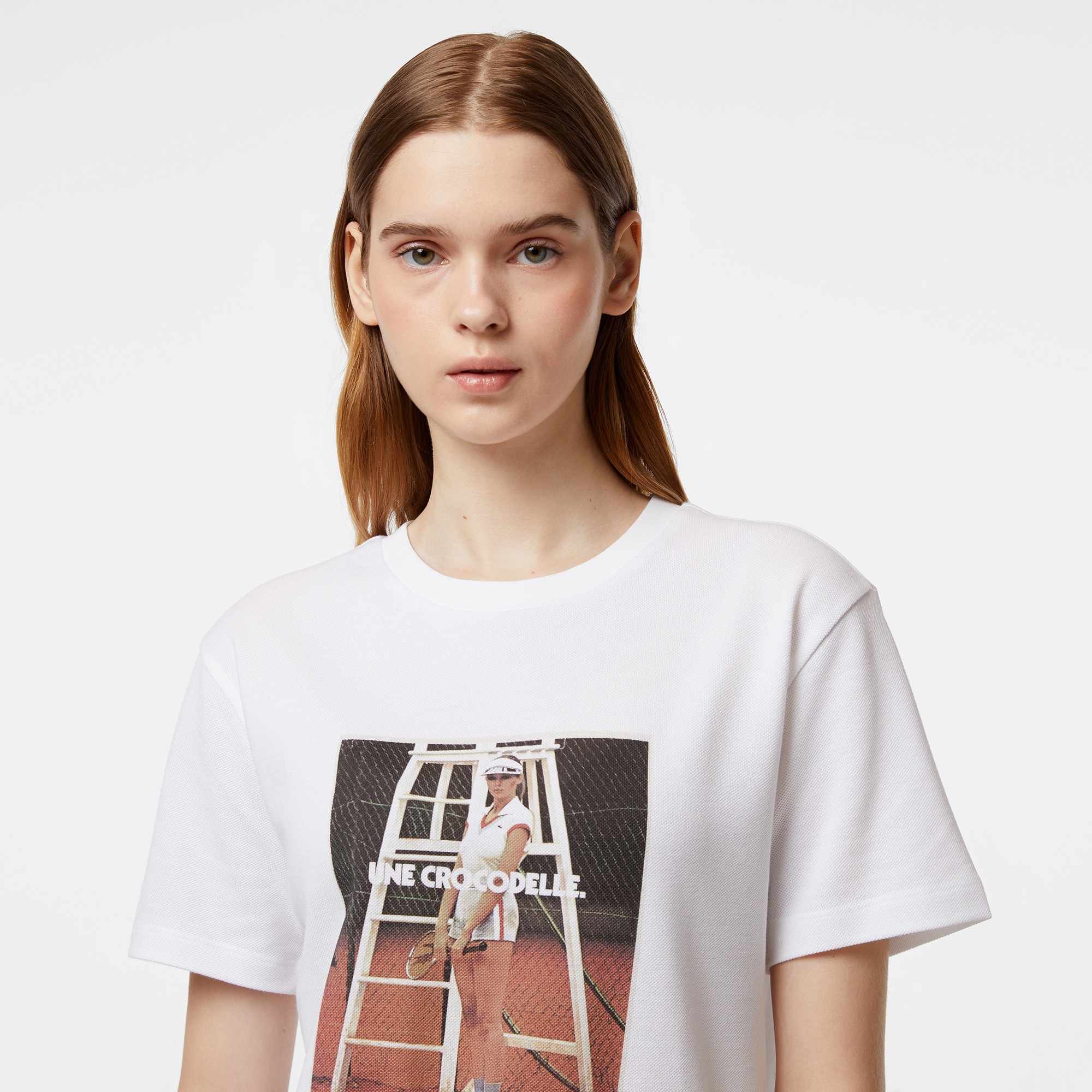 Lacoste Kadın Bisiklet Yaka Baskılı Beyaz T-Shirt