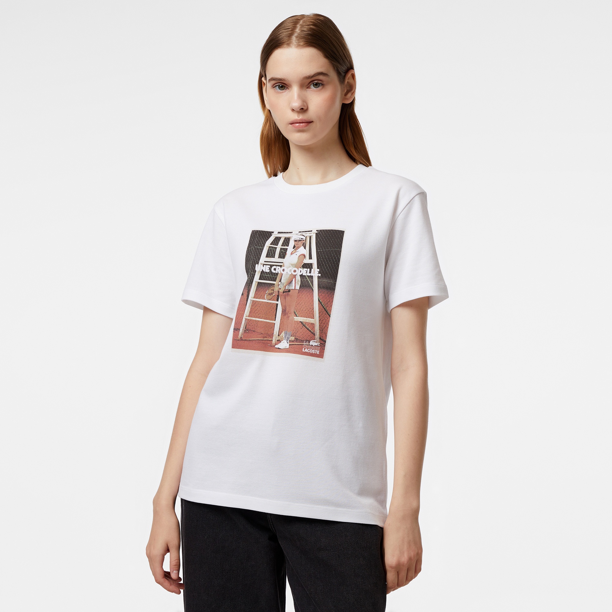 Lacoste Kadın Bisiklet Yaka Baskılı Beyaz T-Shirt