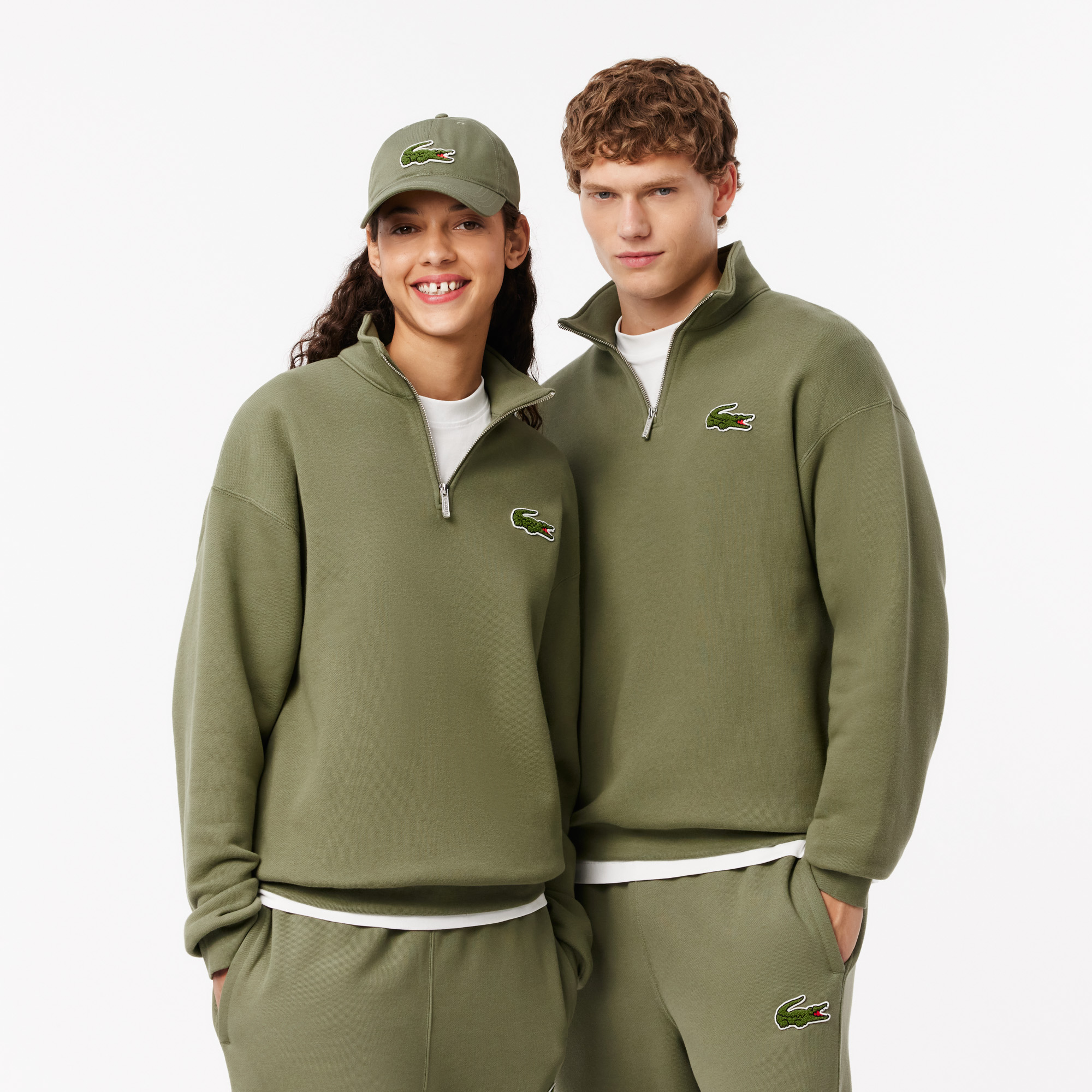 Lacoste Unisex Loose Fit Yarım Fermuarlı Haki Organik Pamuk