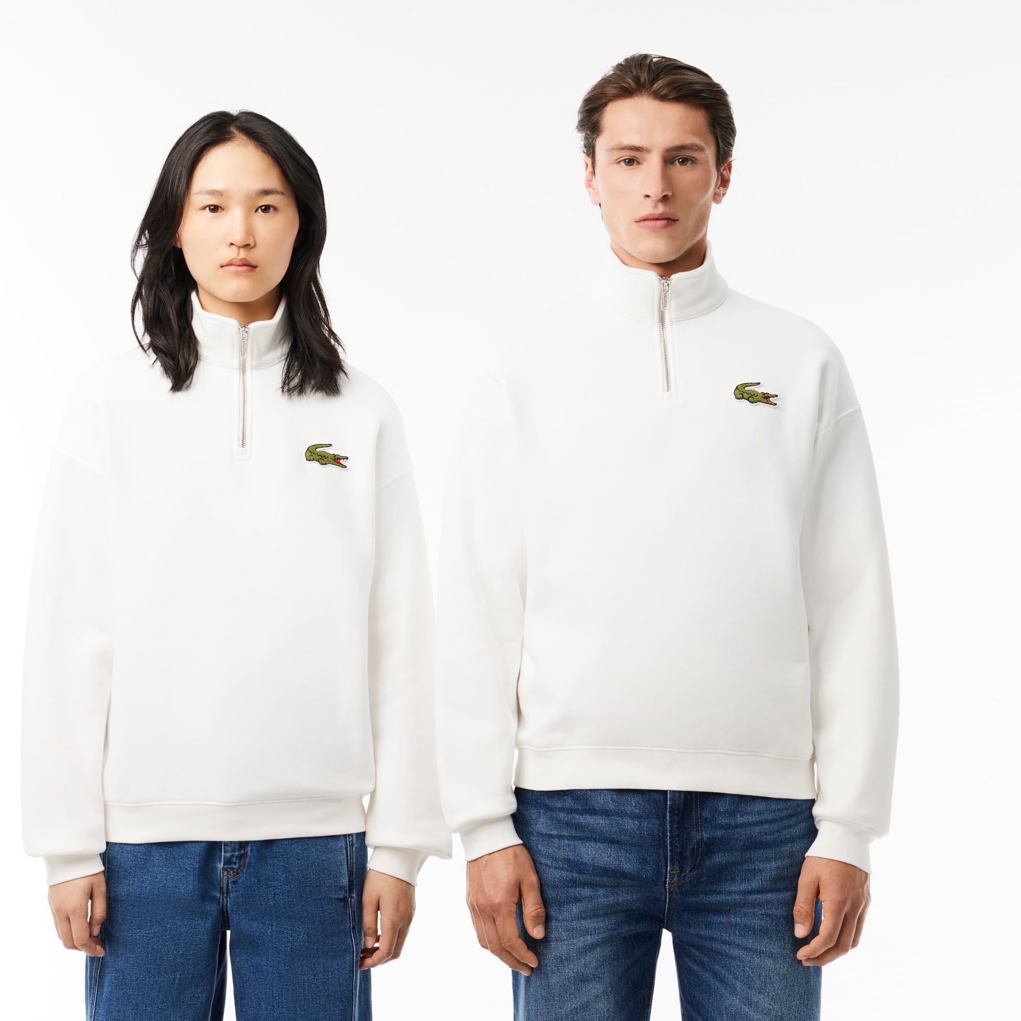 Lacoste Unisex Loose Fit Yarım Fermuarlı Beyaz Organik Pamuk Sweatshirt