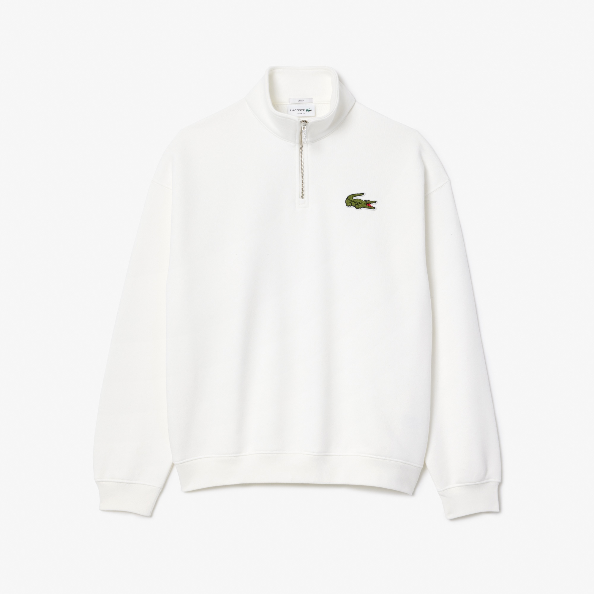 Lacoste Unisex Loose Fit Yarım Fermuarlı Beyaz Organik Pamuk Sweatshirt