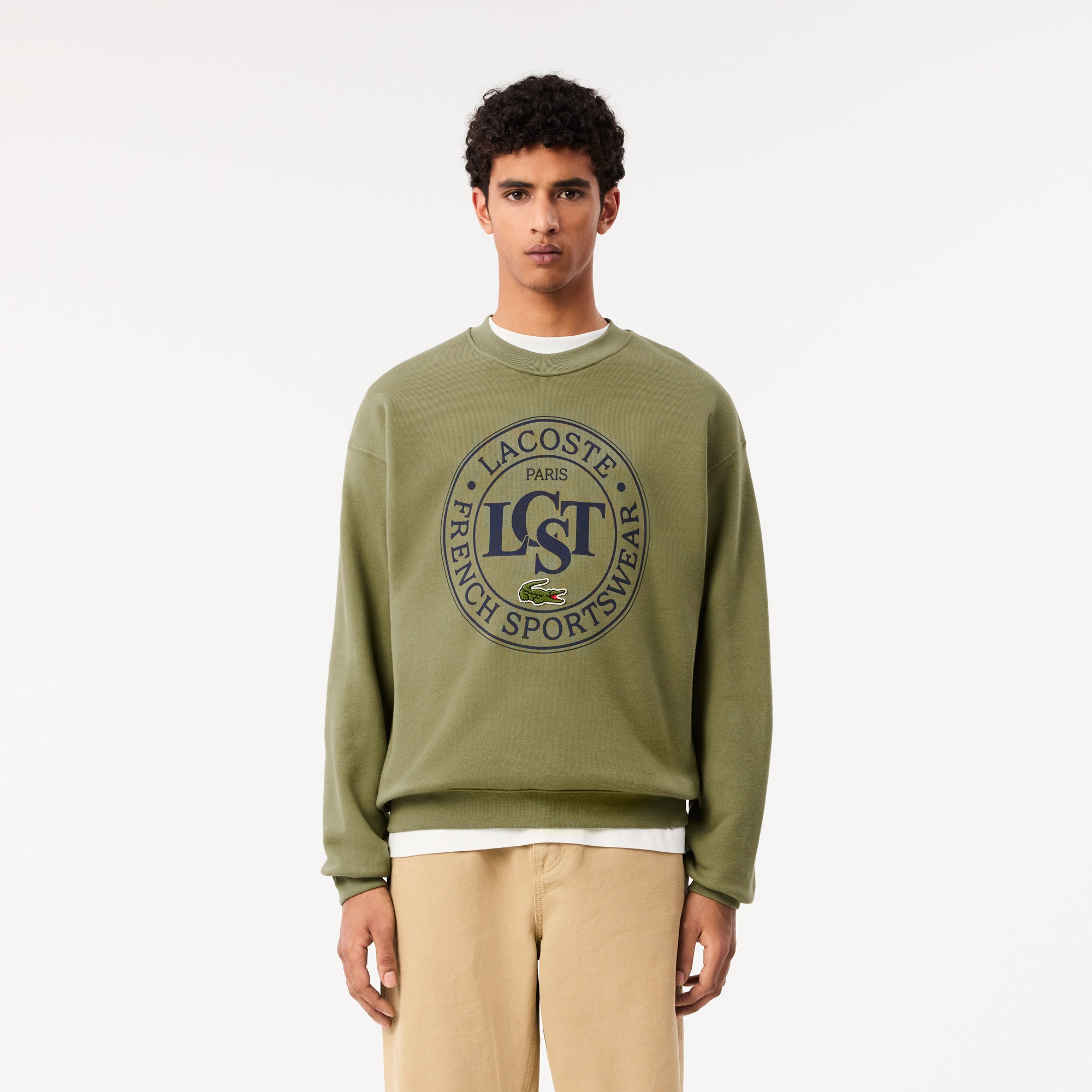 Lacoste Erkek Loose Fit Bisiket Yaka Baskılı Haki Sweatshirt