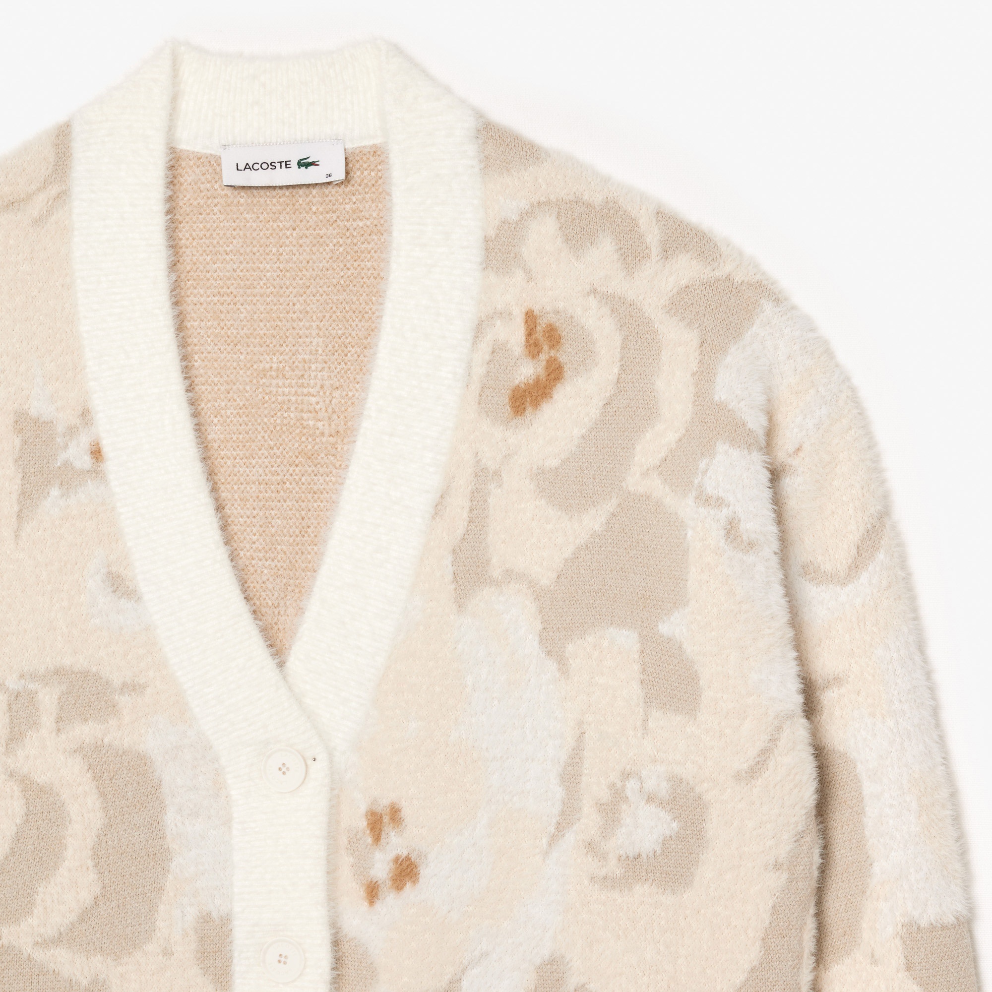 Lacoste Kadın Relaxed Fit V Yaka Desenli Beyaz Hırka