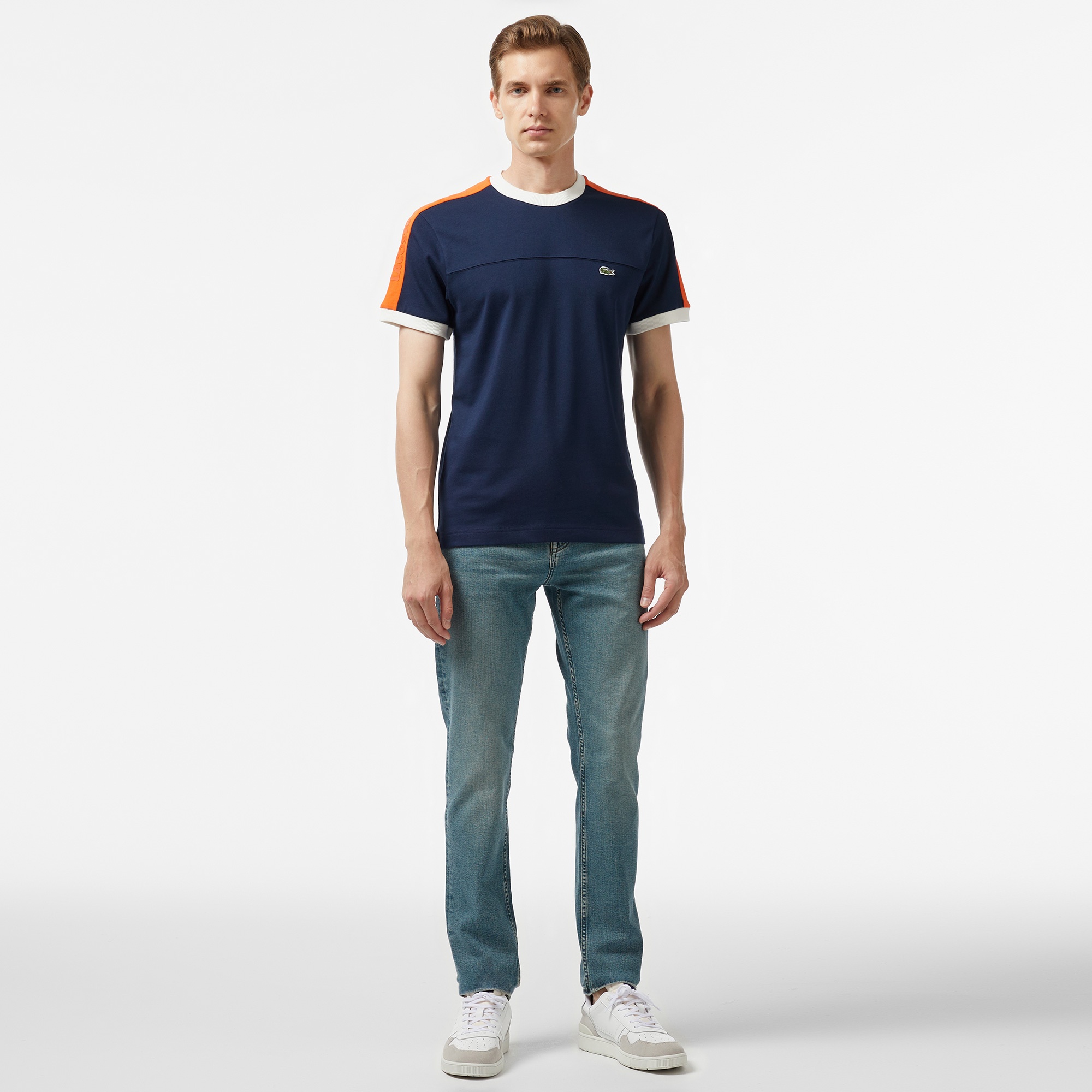 Lacoste Erkek Regular Fit Bisiklet Yaka Çizgili Lacivert T-Shirt