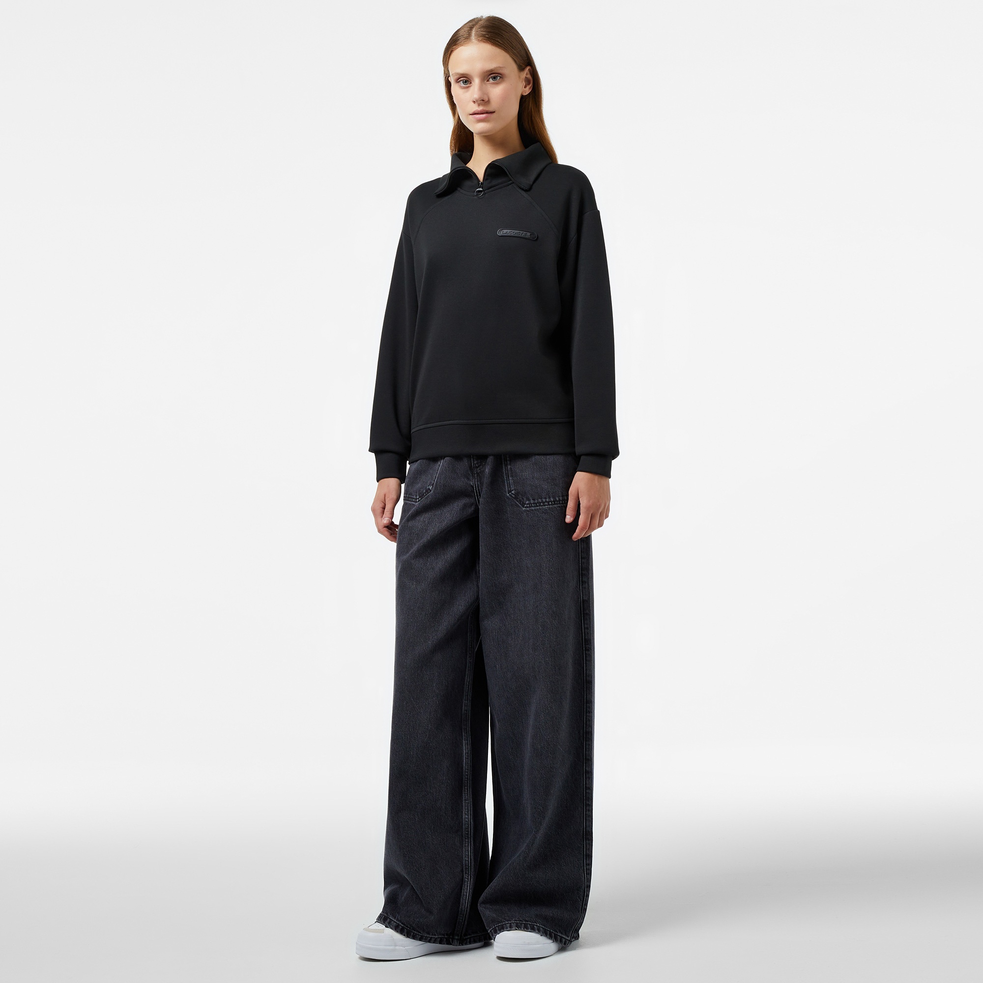 Lacoste Kadın Regular Fit Fermuarlı Dik Yaka Siyah Sweatshirt