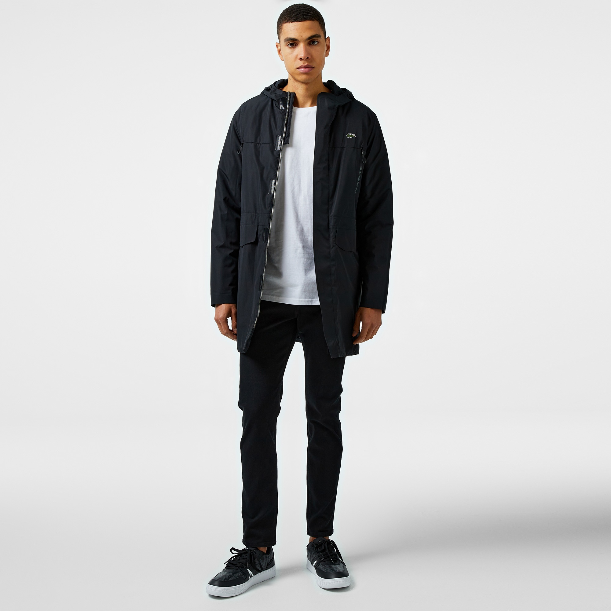Lacoste Sport Erkek Suya Dayanıklı Baskılı  Kapüşonlu Siyah Mont