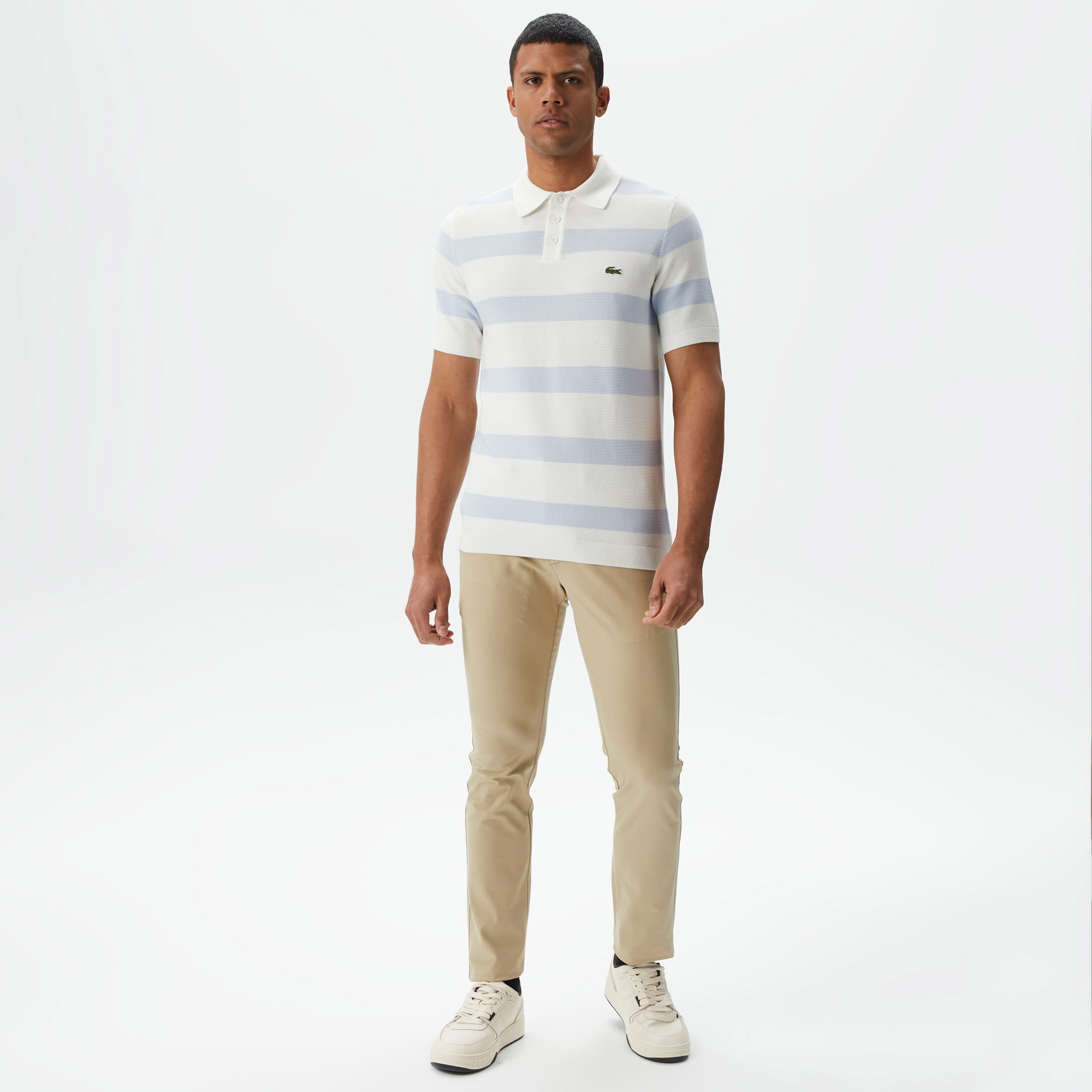 Lacoste Erkek Regular Fit Kısa Kollu Polo Yaka Çizgili Krem Triko