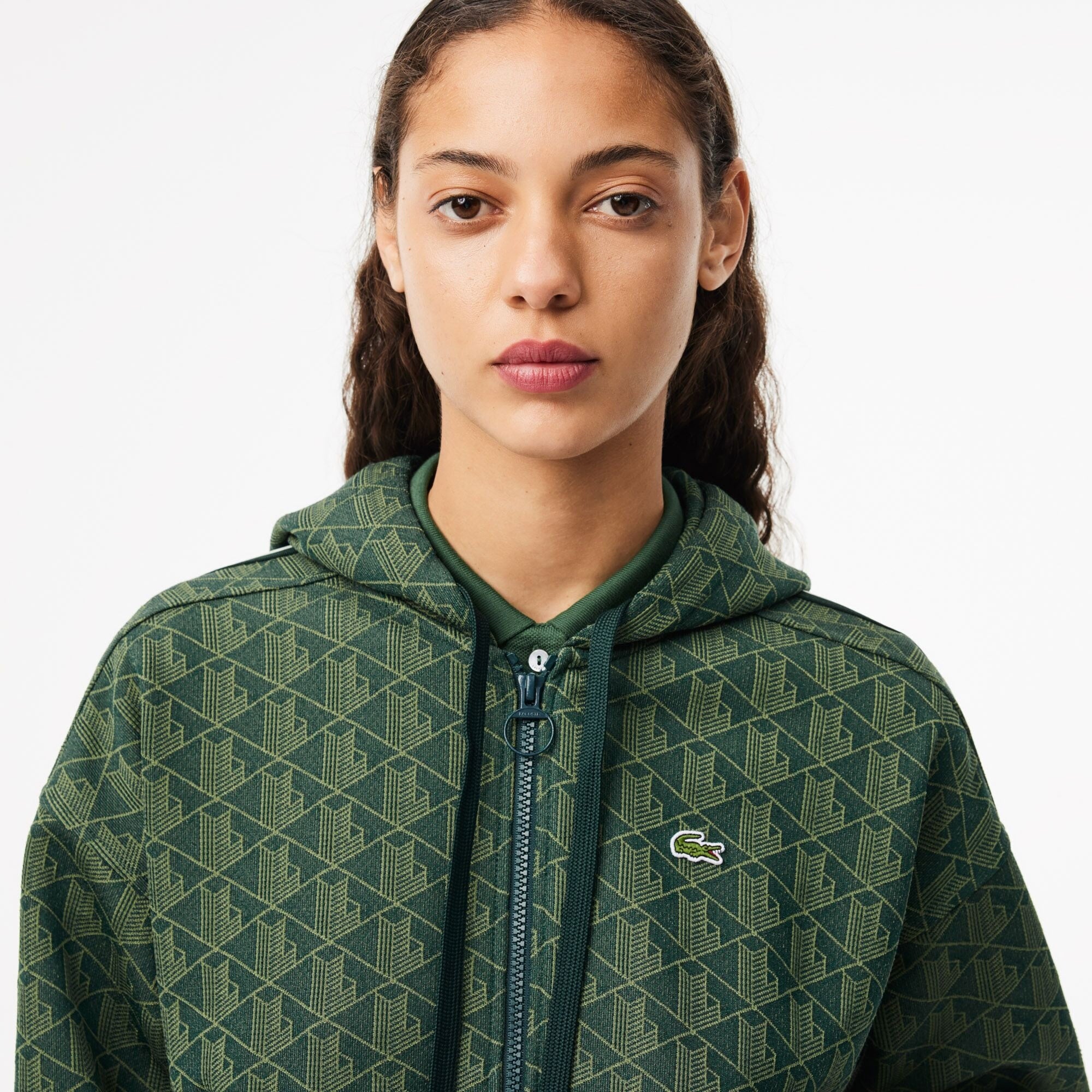 Lacoste Kadın Regular Fit Kapüşonlu Monogram Koyu Yeşil Sweatshirt