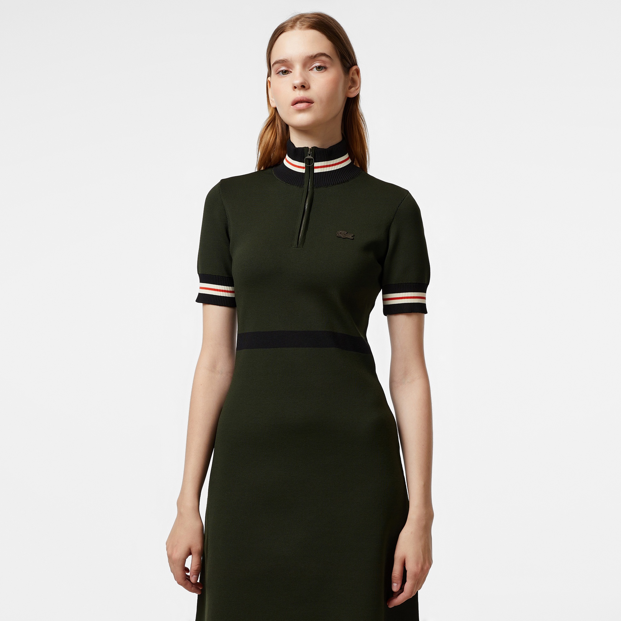 Lacoste Kadın Flare Fit Kısa Kollu Dik Yaka Haki Elbise