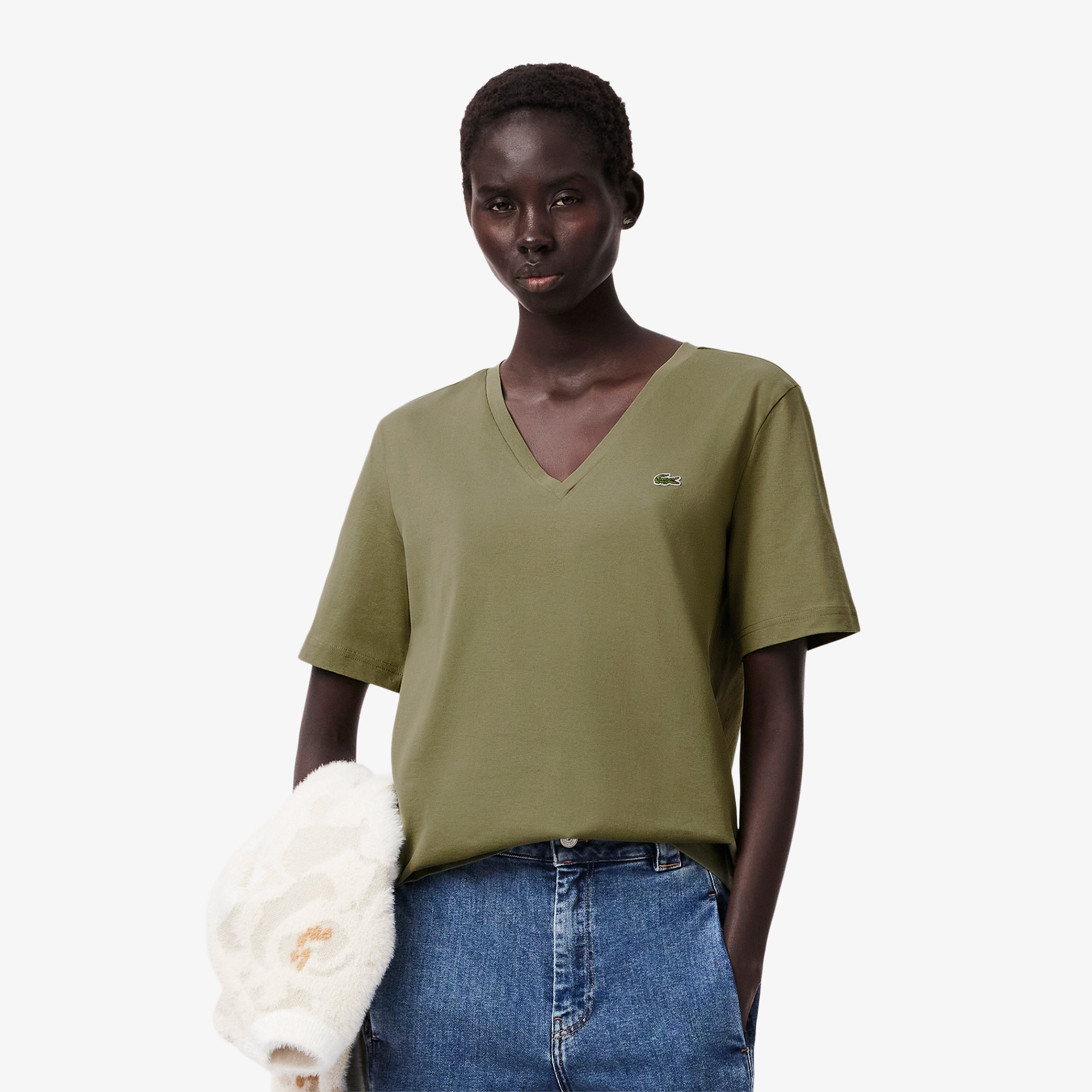 Lacoste Kadın Relaxed Fit V Yaka Haki T-Shirt