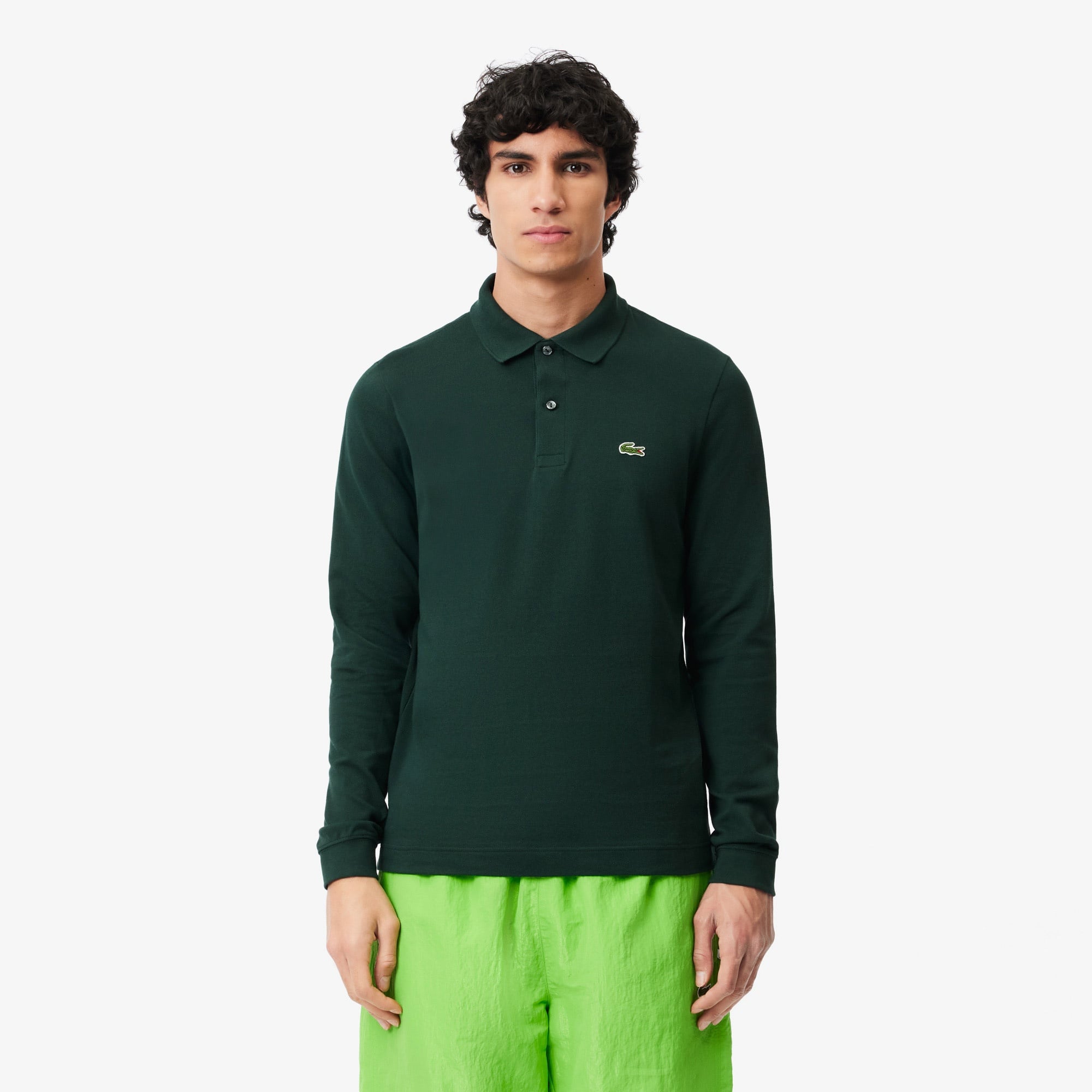 L.12.12 Erkek Slim Fit Uzun Kollu Koyu Yeşil Polo