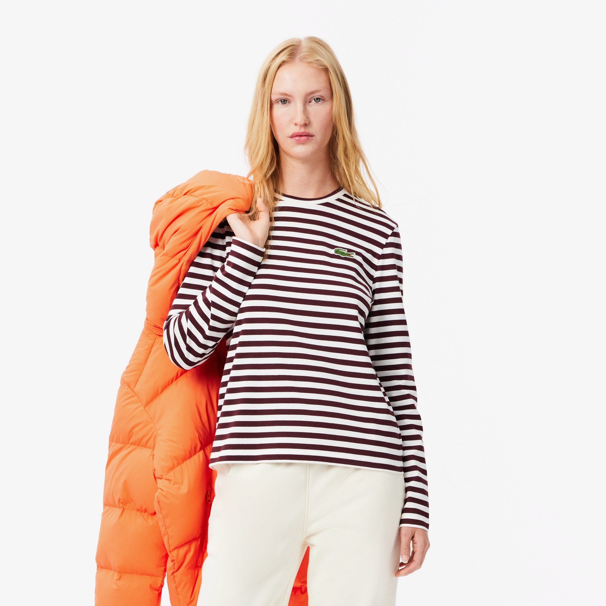 Lacoste Kadın Regular Fit Uzun Kollu Bisiklet Yaka Çizgili Bordo T-Shirt