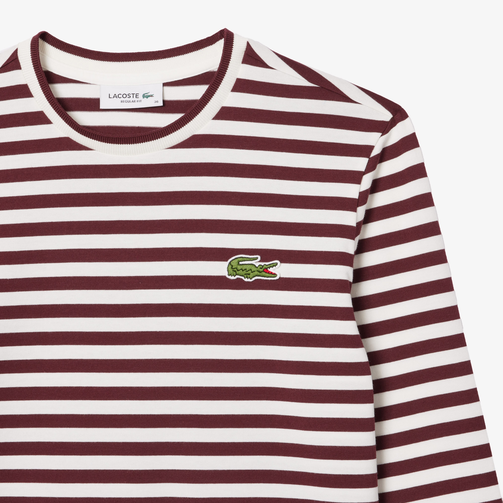 Lacoste Kadın Regular Fit Uzun Kollu Bisiklet Yaka Çizgili Bordo T-Shirt