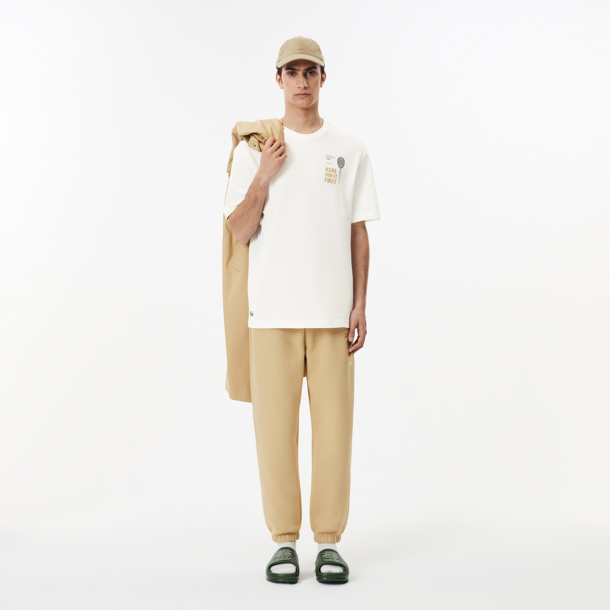 Lacoste Unisex Classic Fit Bisiklet Yaka Baskılı Bej T-Shirt