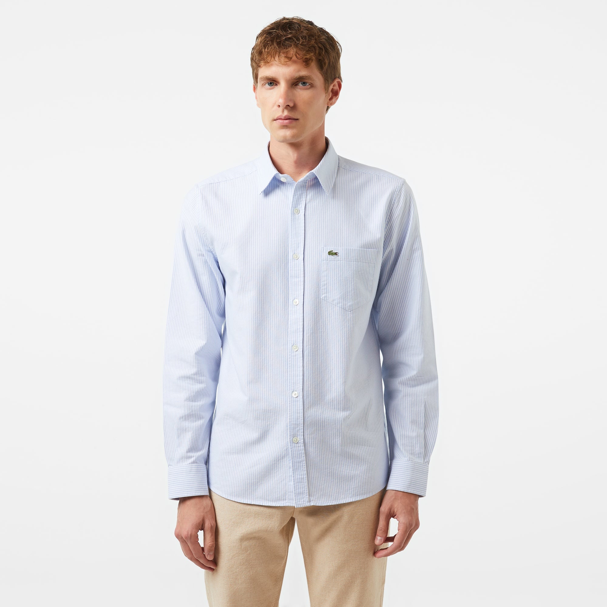Erkek Regular Fit Çizgili Organik Pamuk Açık Mavi Gömlek