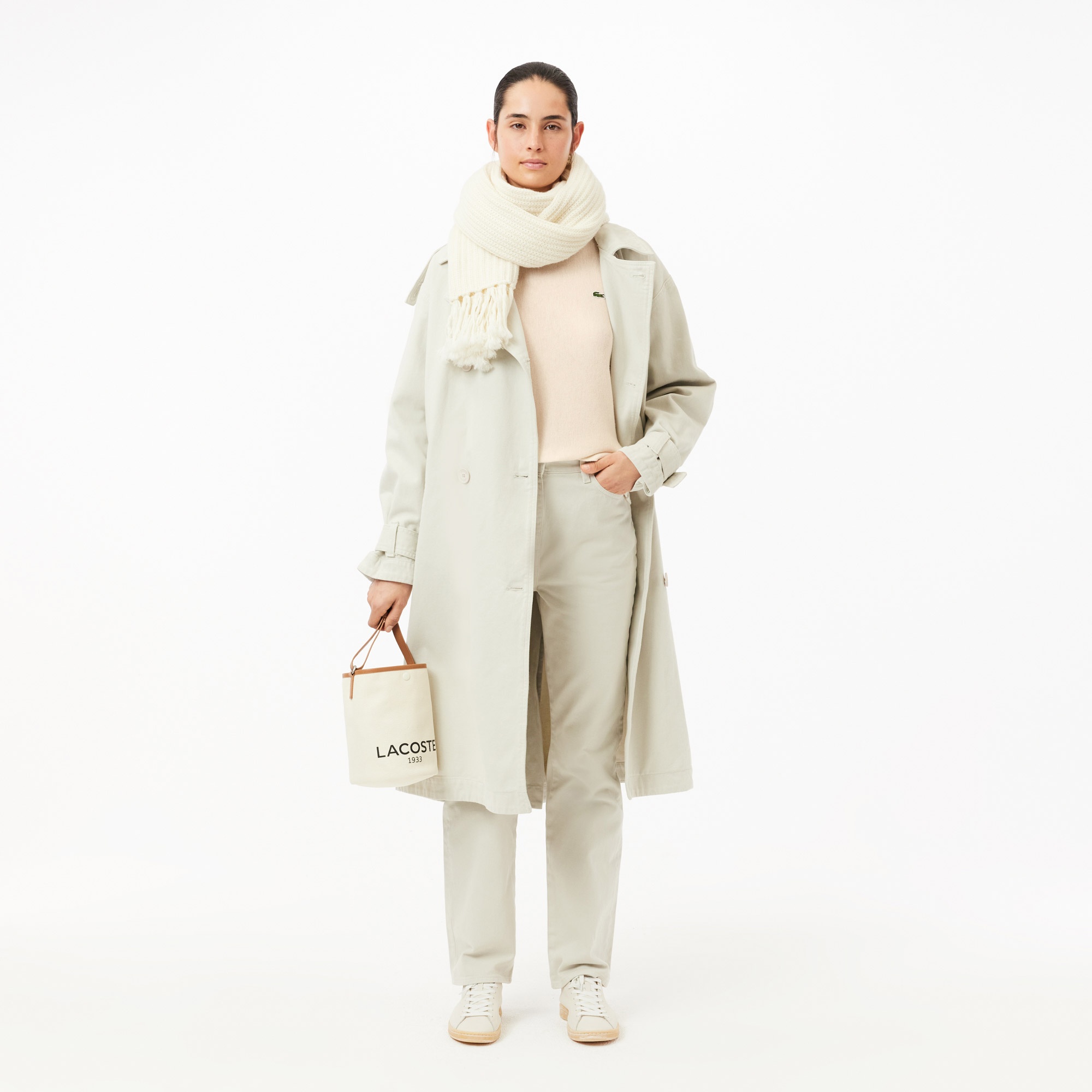 Lacoste Kadın Relaxed Fit Bisiklet Yaka Yün Krem Triko