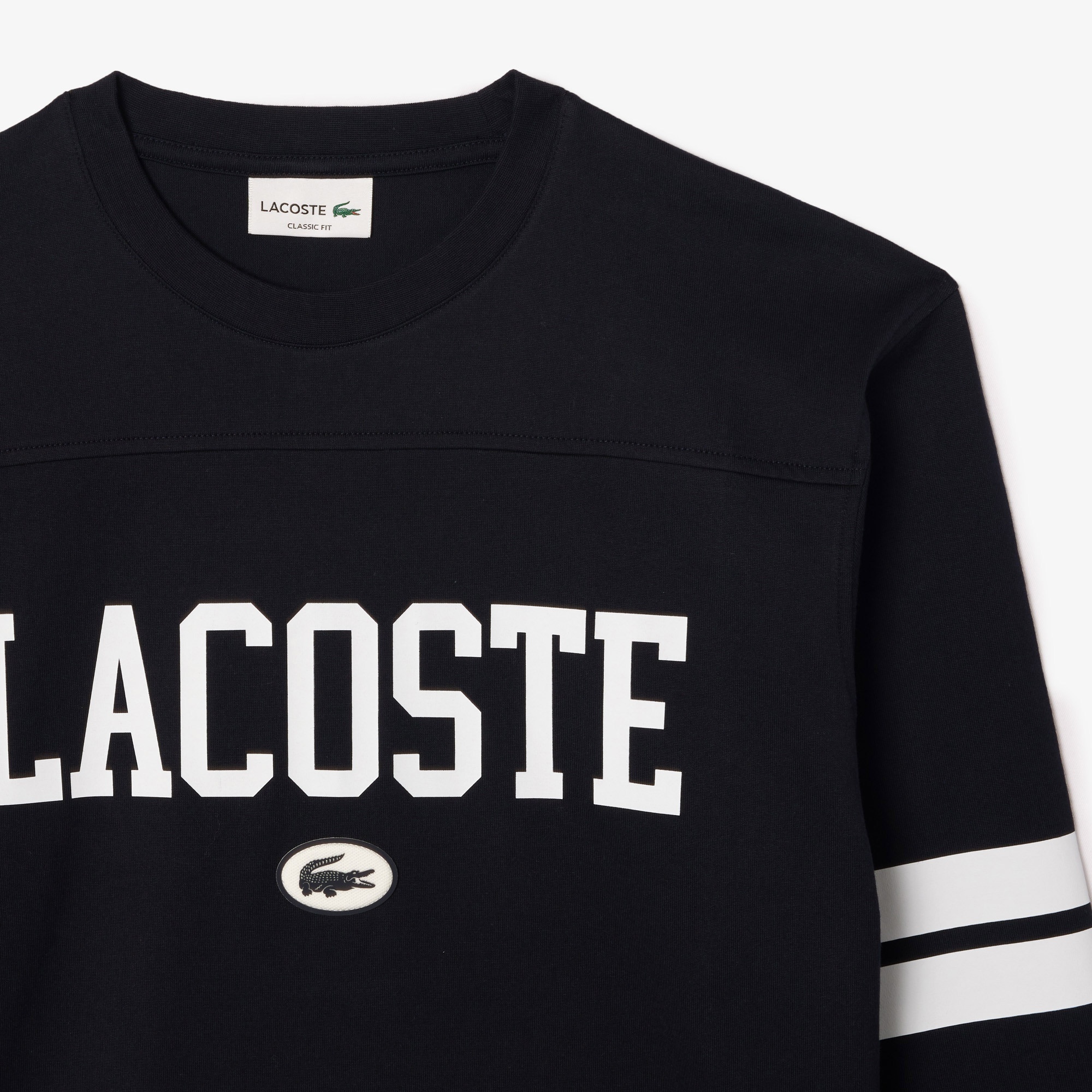 Lacoste Erkek Classic Fit Uzun Kollu Bisiklet Yaka Baskılı Siyah T-Shirt