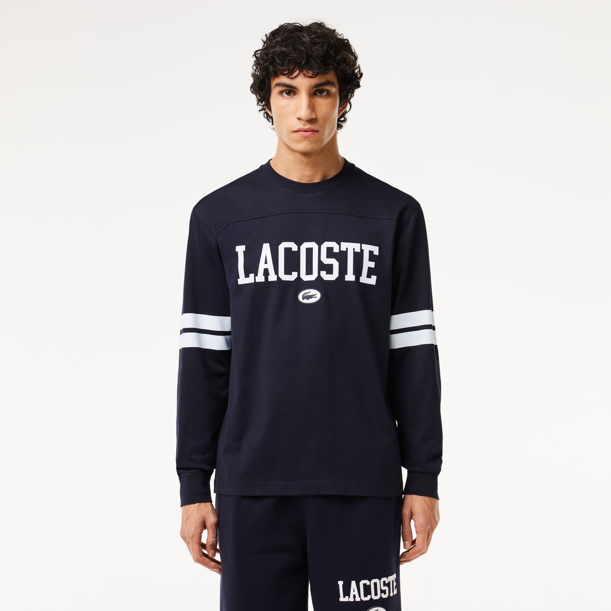 Lacoste Erkek Classic Fit Uzun Kollu Bisiklet Yaka Baskılı Siyah T-Shirt