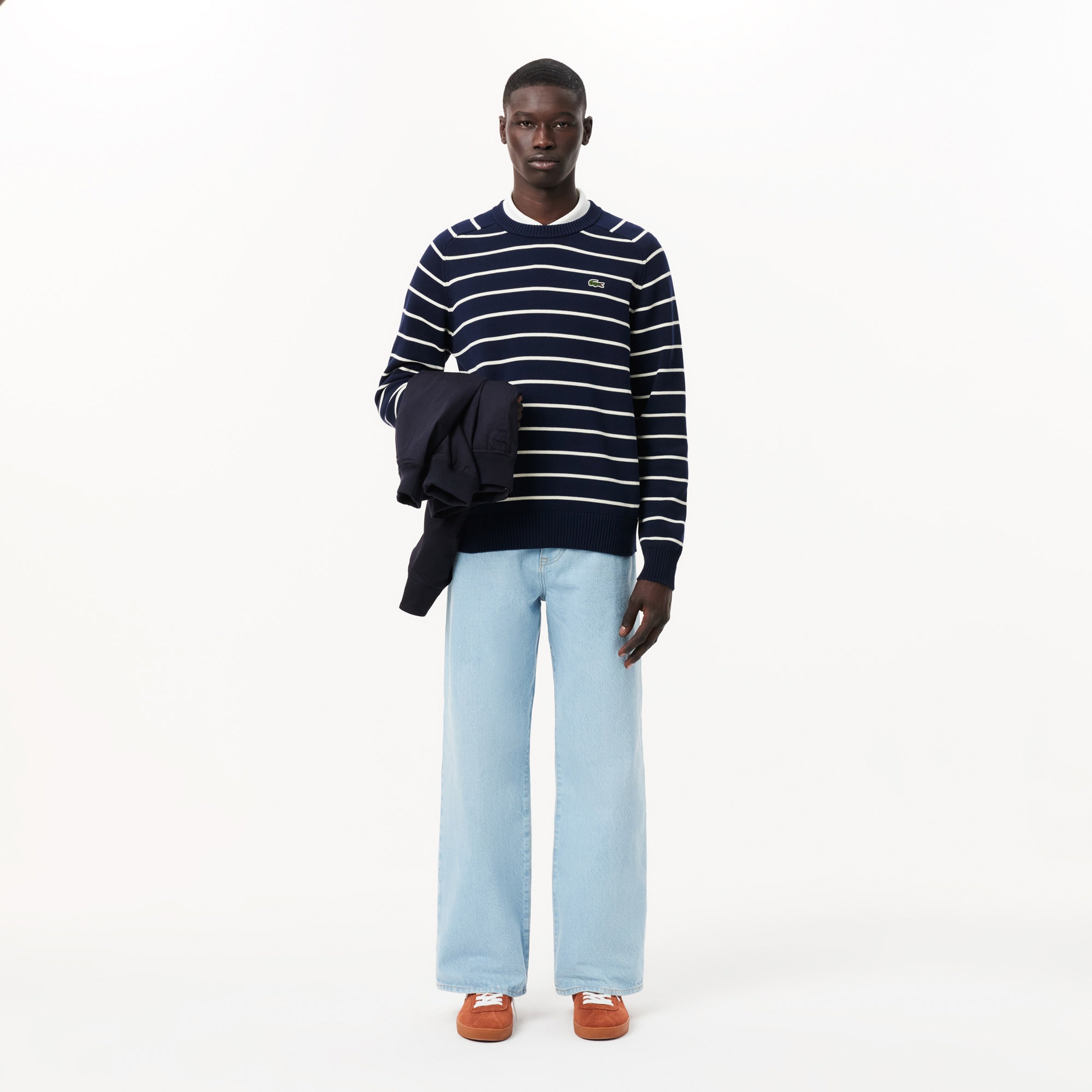 Erkek Regular Fit Bisiklet Yaka Çizgili Lacivert Kazak