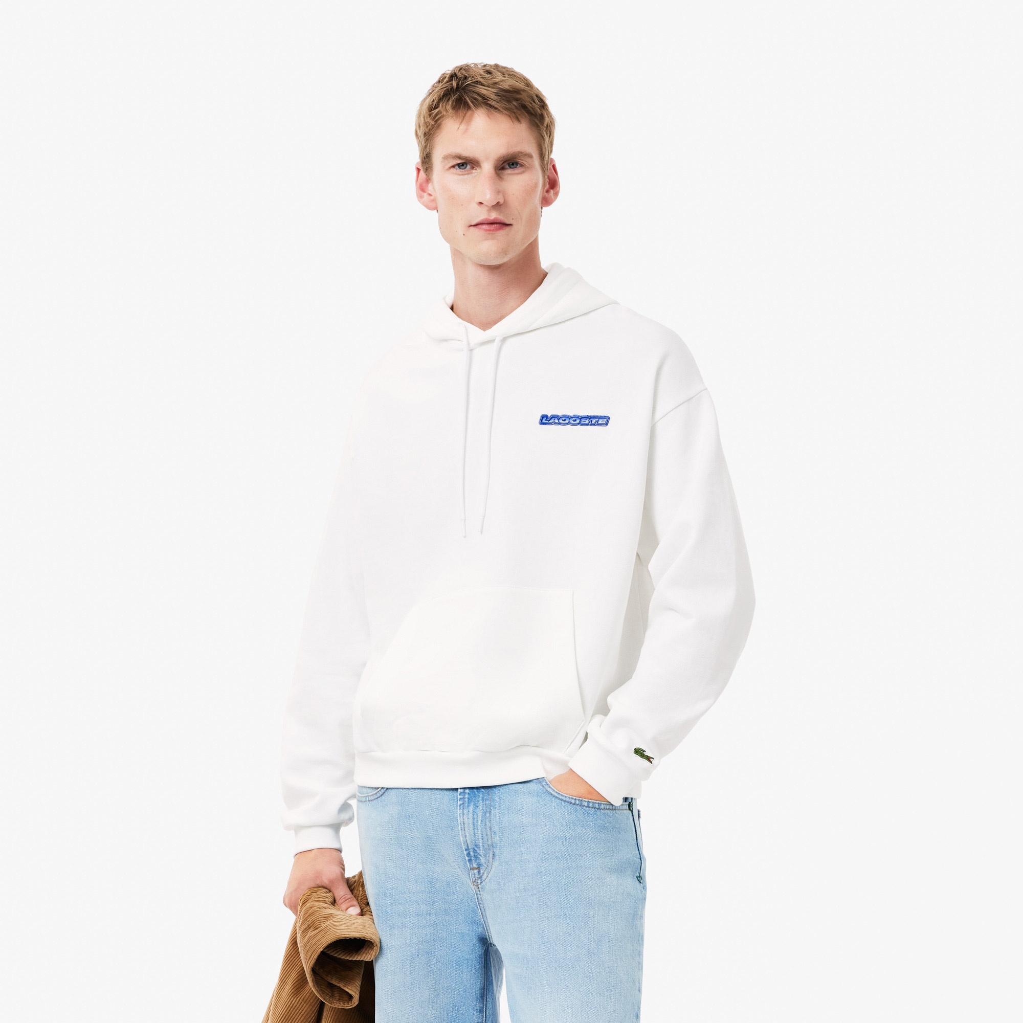 Lacoste Erkek Loose Fit Kapüşonlu Baskılı Beyaz Sweatshirt