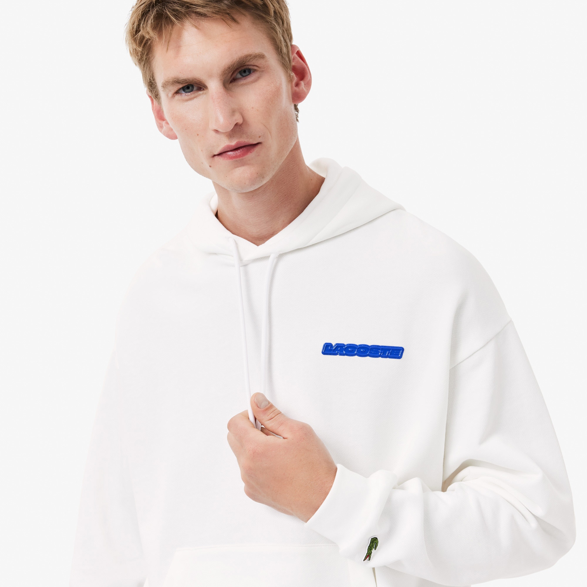 Lacoste Erkek Loose Fit Kapüşonlu Baskılı Beyaz Sweatshirt