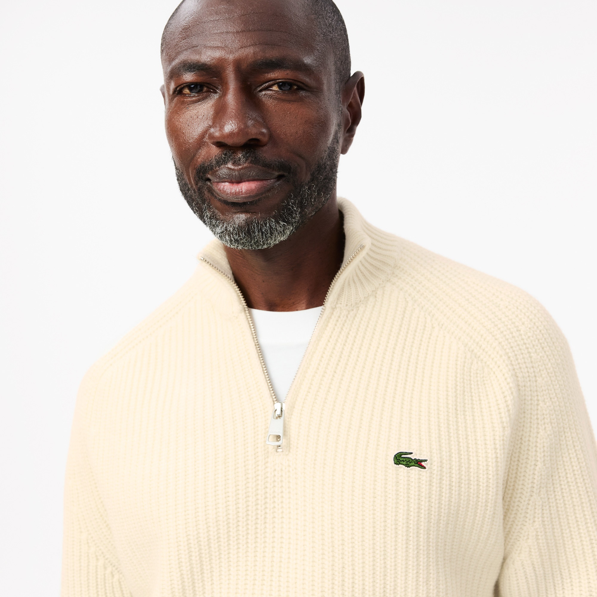Lacoste Erkek Classic Fit Yarım Fermuarlı Krem Kazak