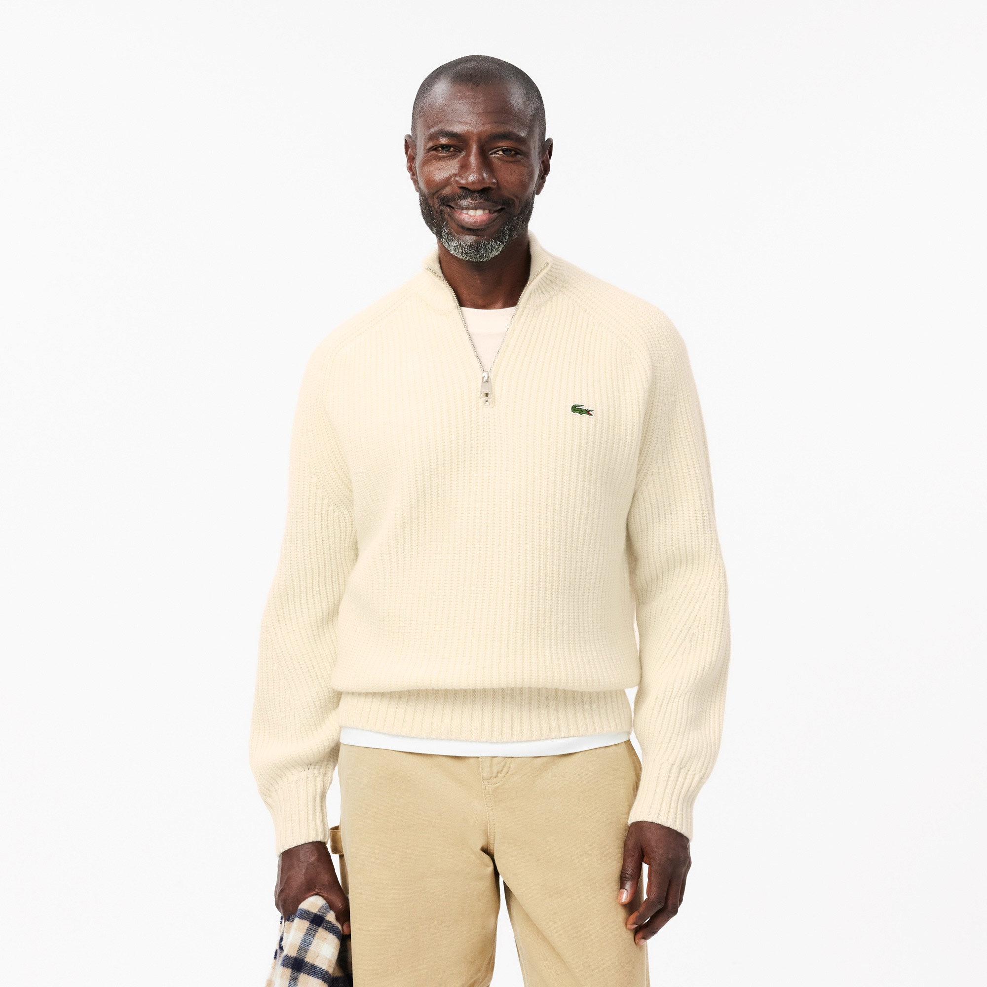 Lacoste Erkek Classic Fit Yarım Fermuarlı Krem Kazak