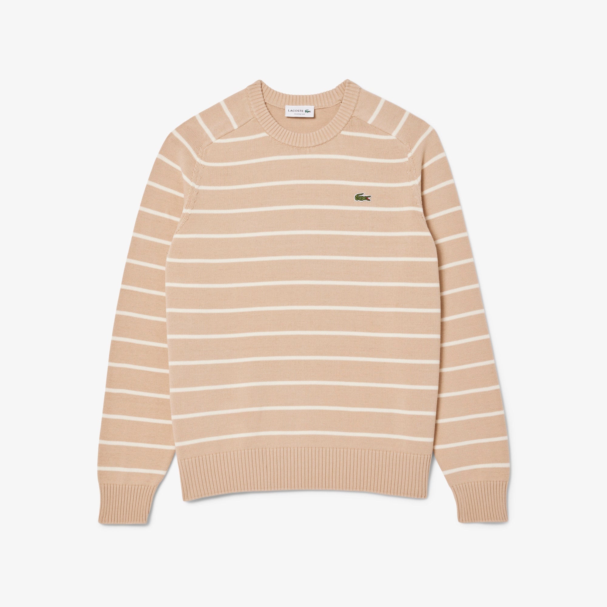 Lacoste Erkek Classic Fit Bisiklet Yaka Çizgili Bej Triko