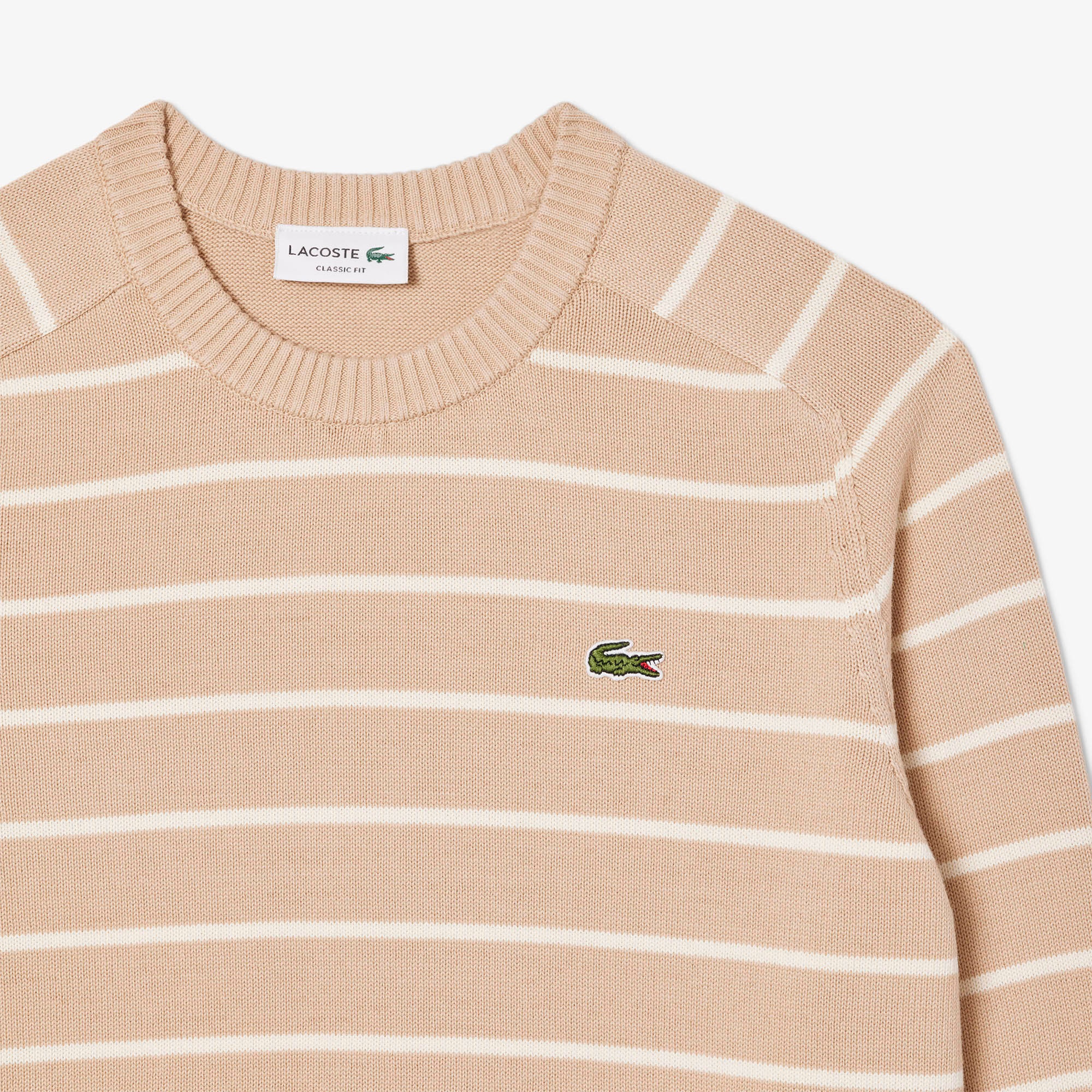 Lacoste Erkek Classic Fit Bisiklet Yaka Çizgili Bej Triko