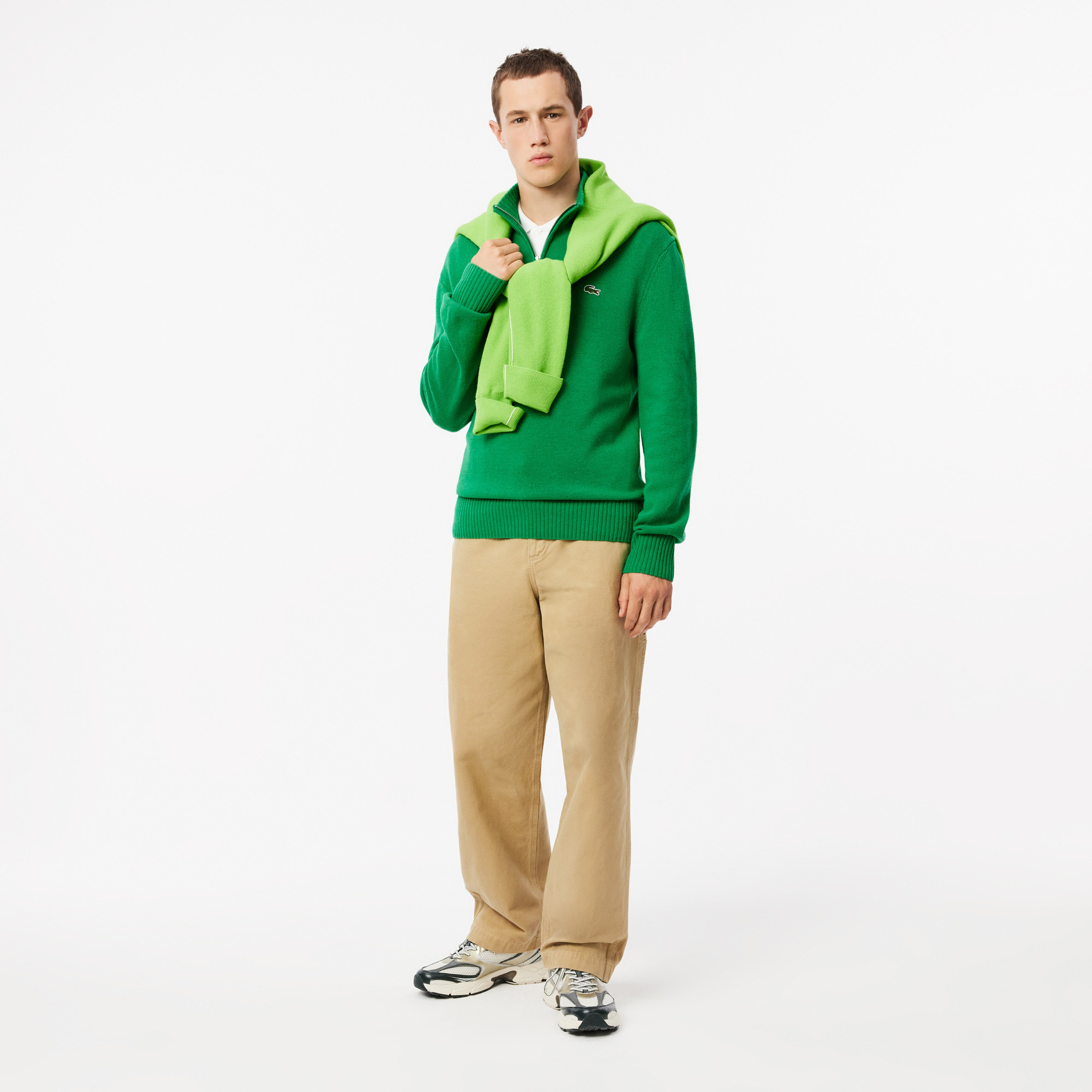 Erkek Classic Fit Yarım Fermuarlı Yün Yeşil Kazak