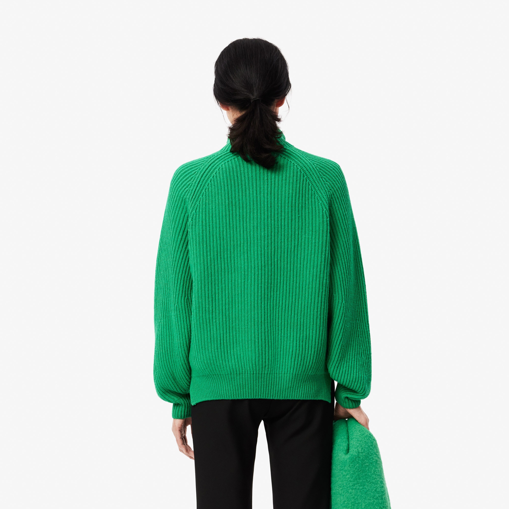 Lacoste Kadın Relaxed Fit Fermuarlı Yün Yeşil Kazak