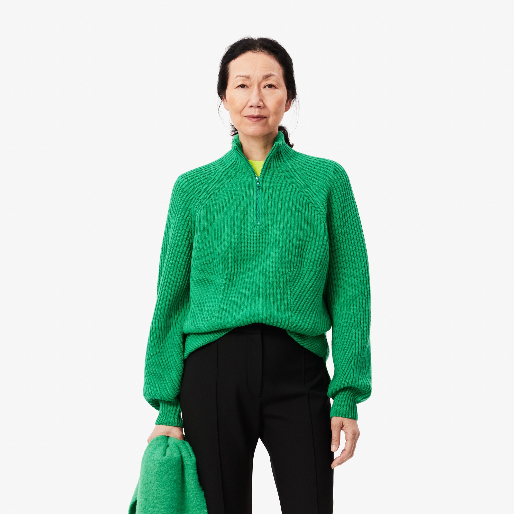 Lacoste Kadın Relaxed Fit Fermuarlı Yün Yeşil Kazak