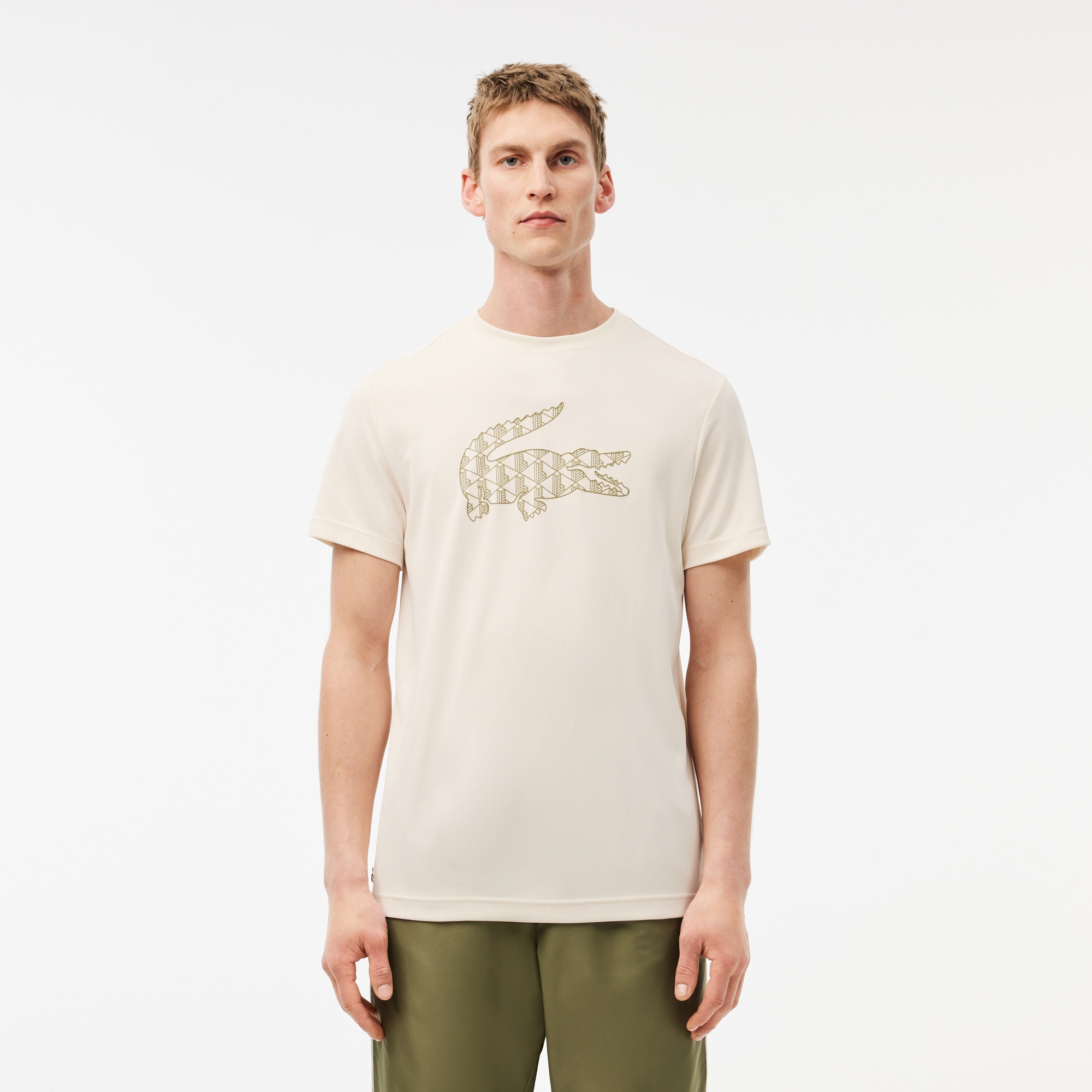 Lacoste Erkek Relaxed Fit Bisiklet Yaka Baskılı Bej T-Shirt