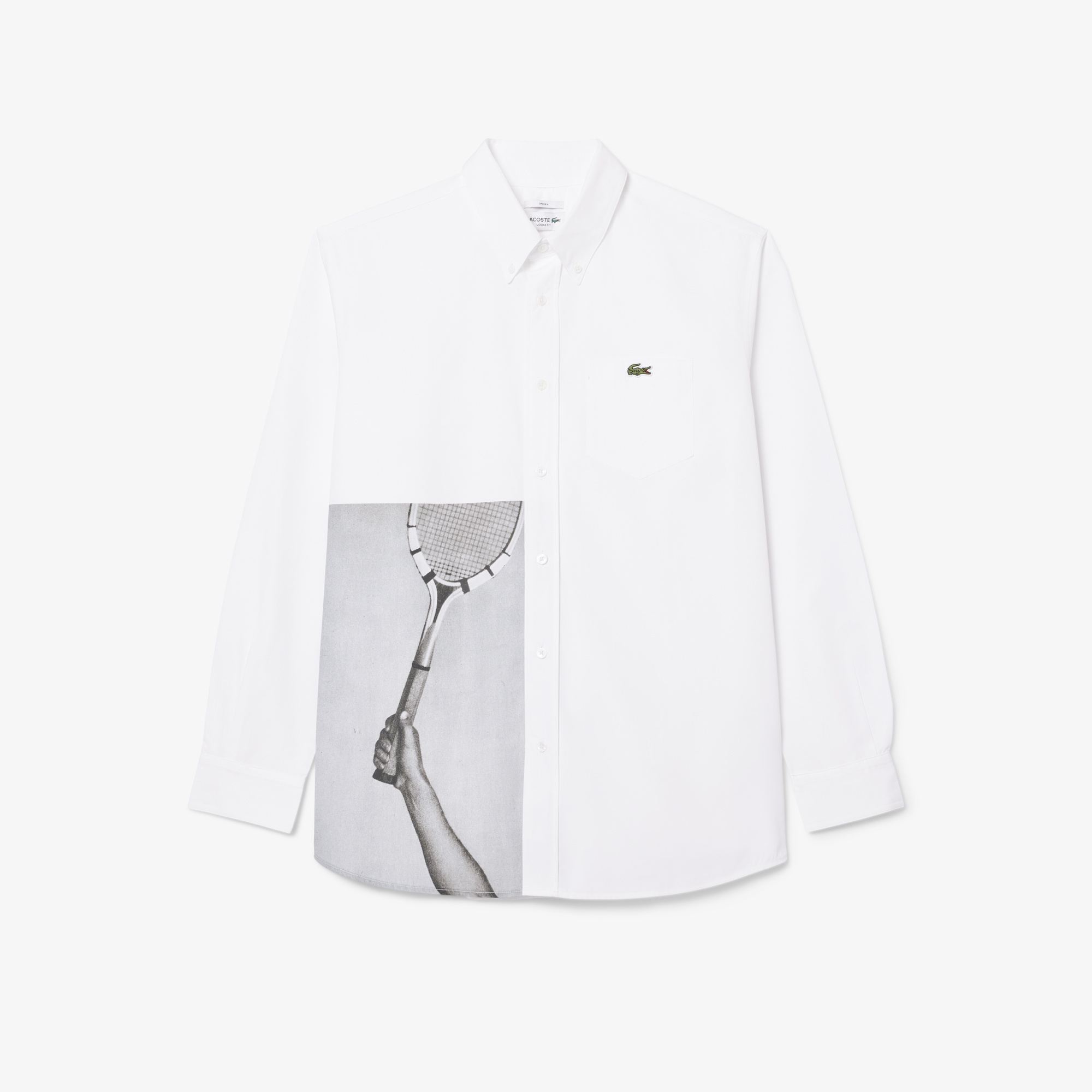 Lacoste FW24 RUNWAY Unisex Loose Fit Baskılı Beyaz Gömlek