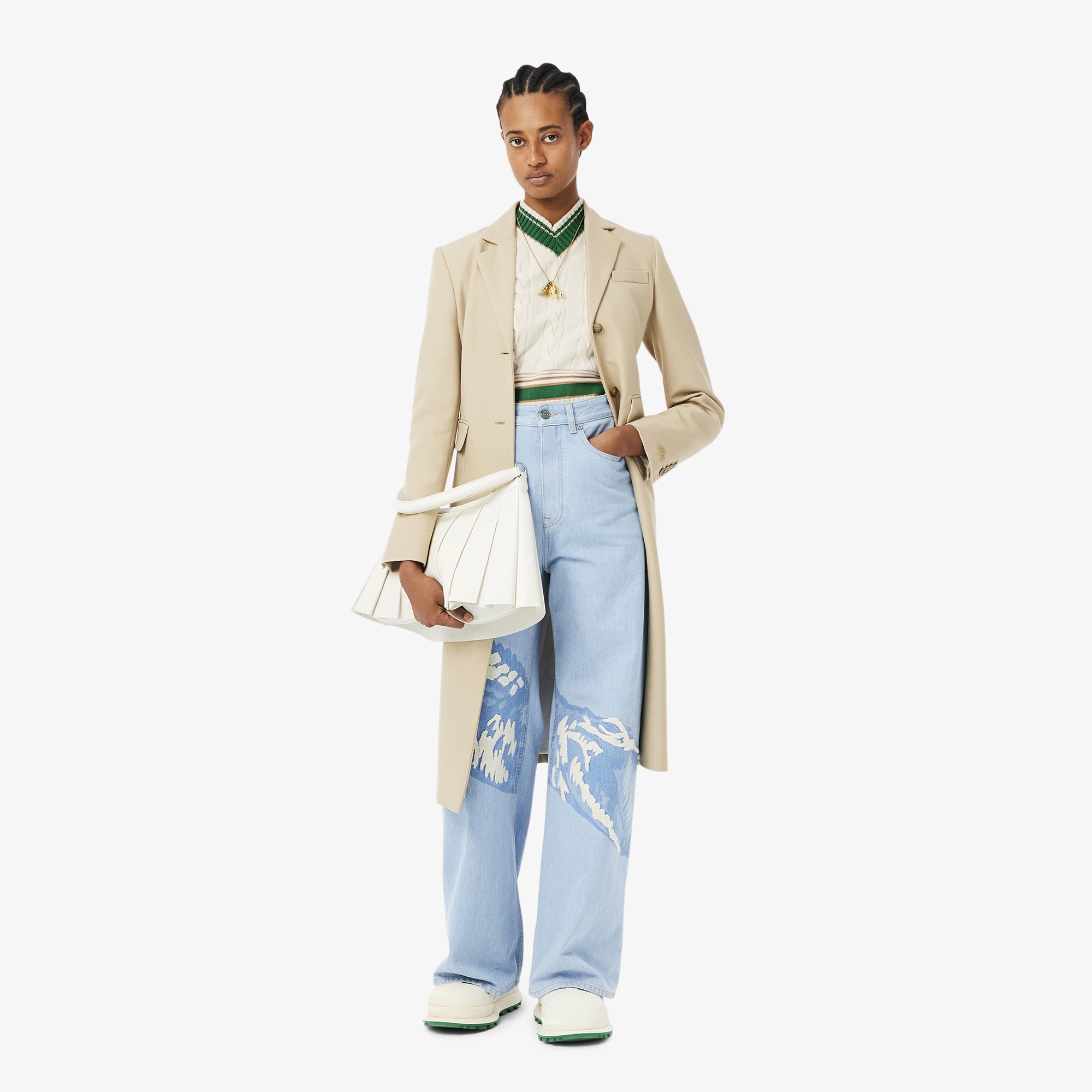 Lacoste FW24 RUNWAY Kadın Slim Fit V Yaka Yün Bej Süveter