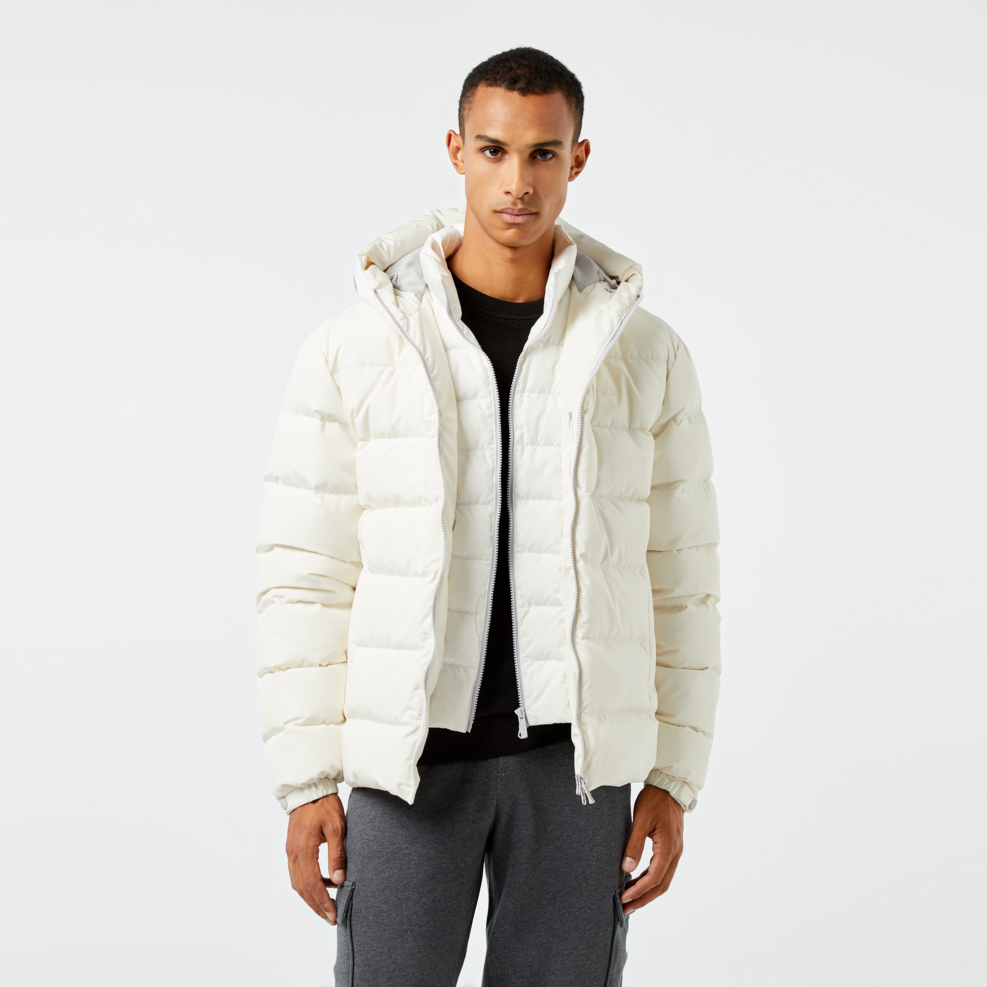 Lacoste Erkek Regular Fit Kapüşonlu Beyaz Şişme Mont