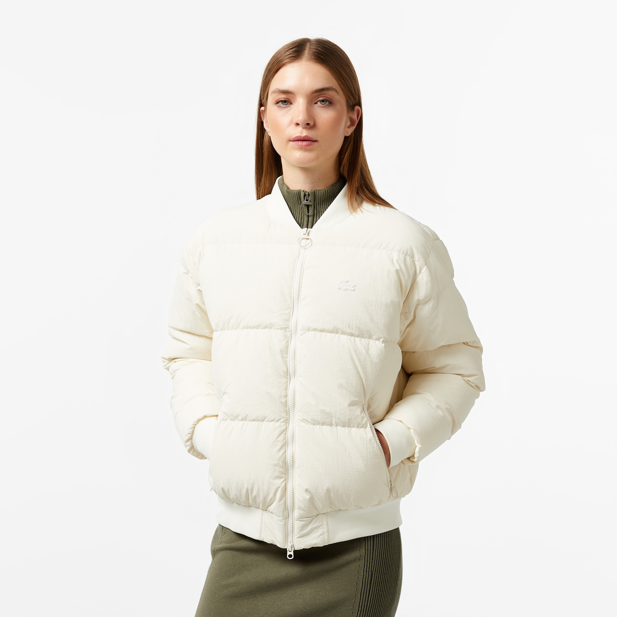 Lacoste Kadın Relaxed Fit Dik Yaka Krem Mont