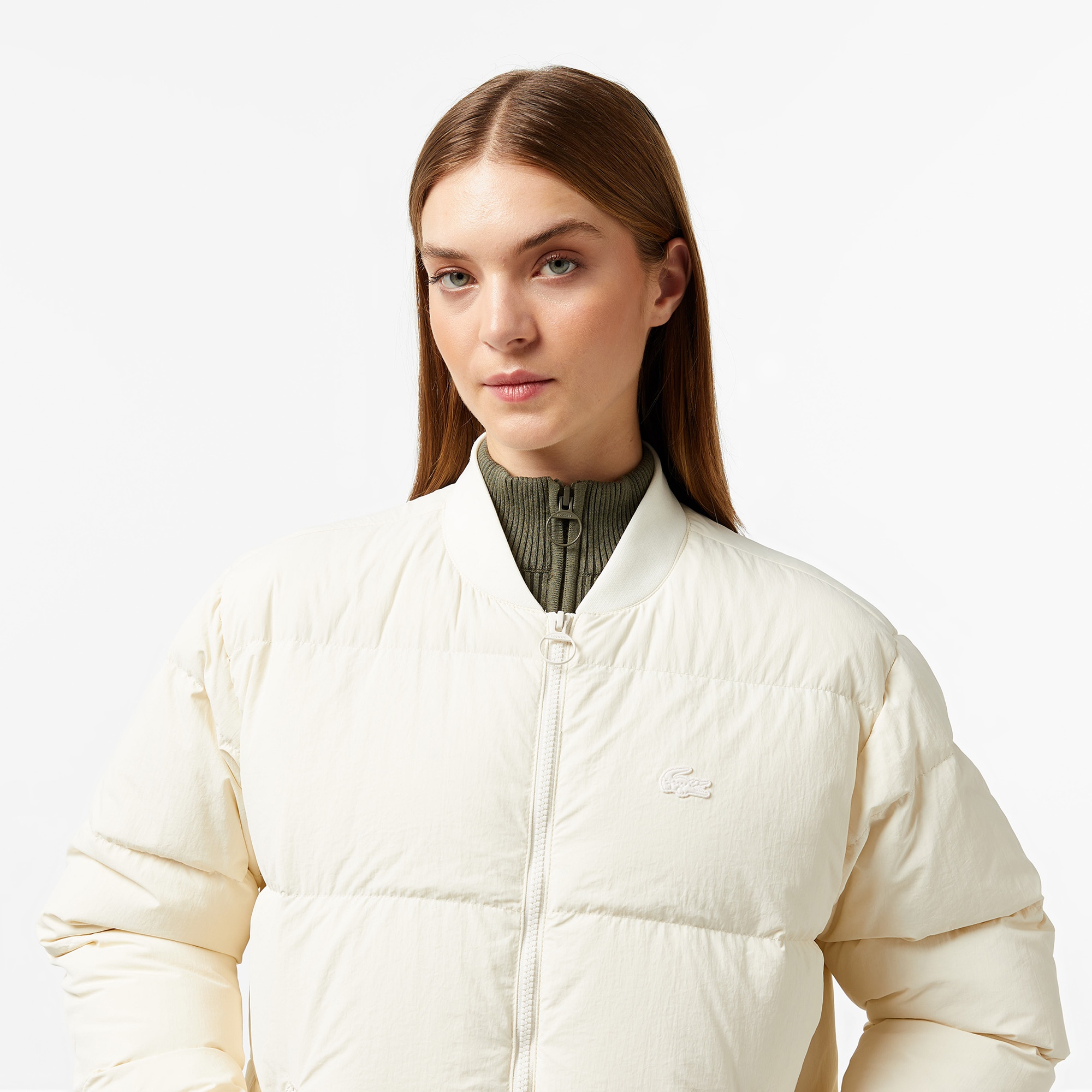 Lacoste Kadın Relaxed Fit Dik Yaka Krem Mont