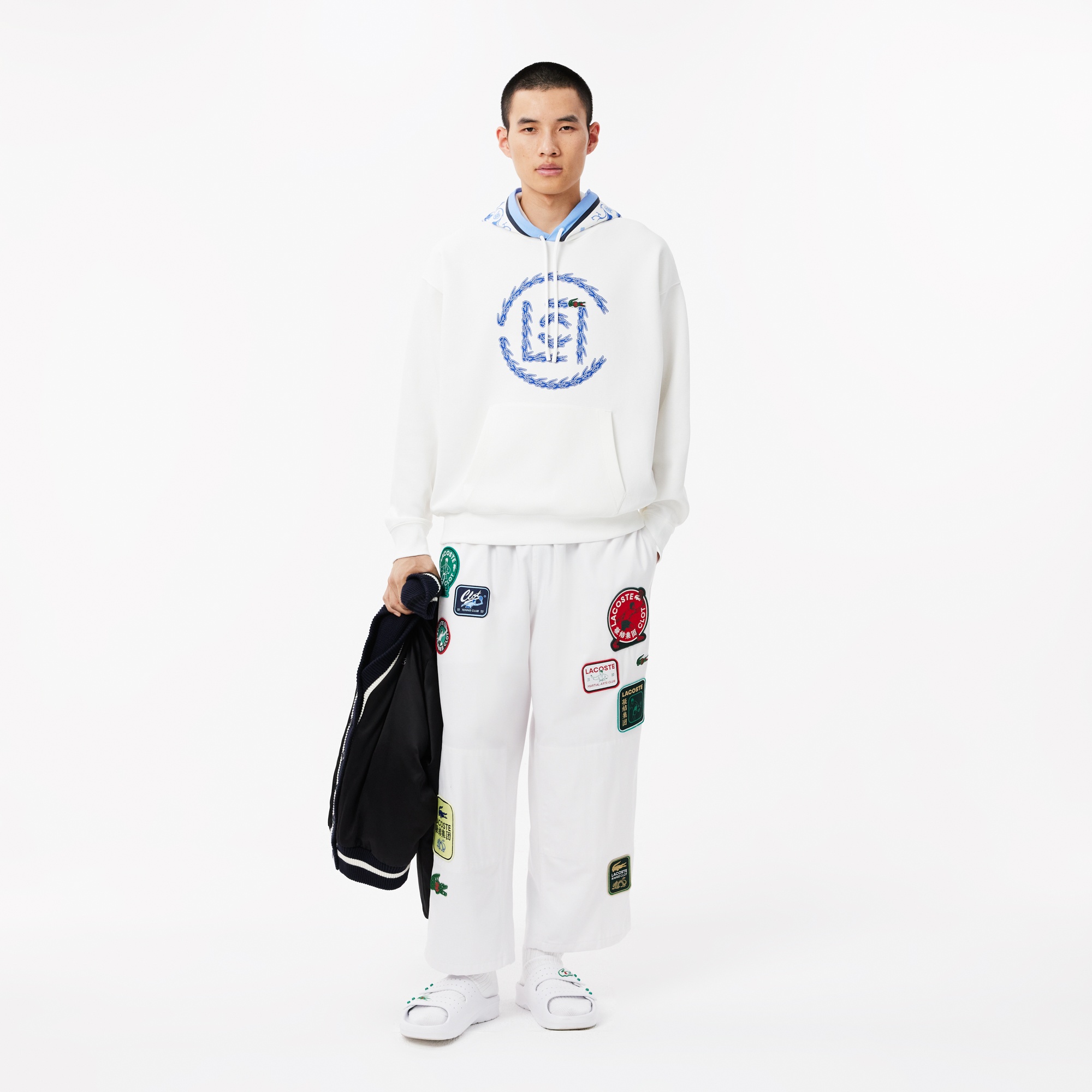 Lacoste X CLOT Unisex Loose Fit Kapüşonlu Baskılı Beyaz Sweatshirt