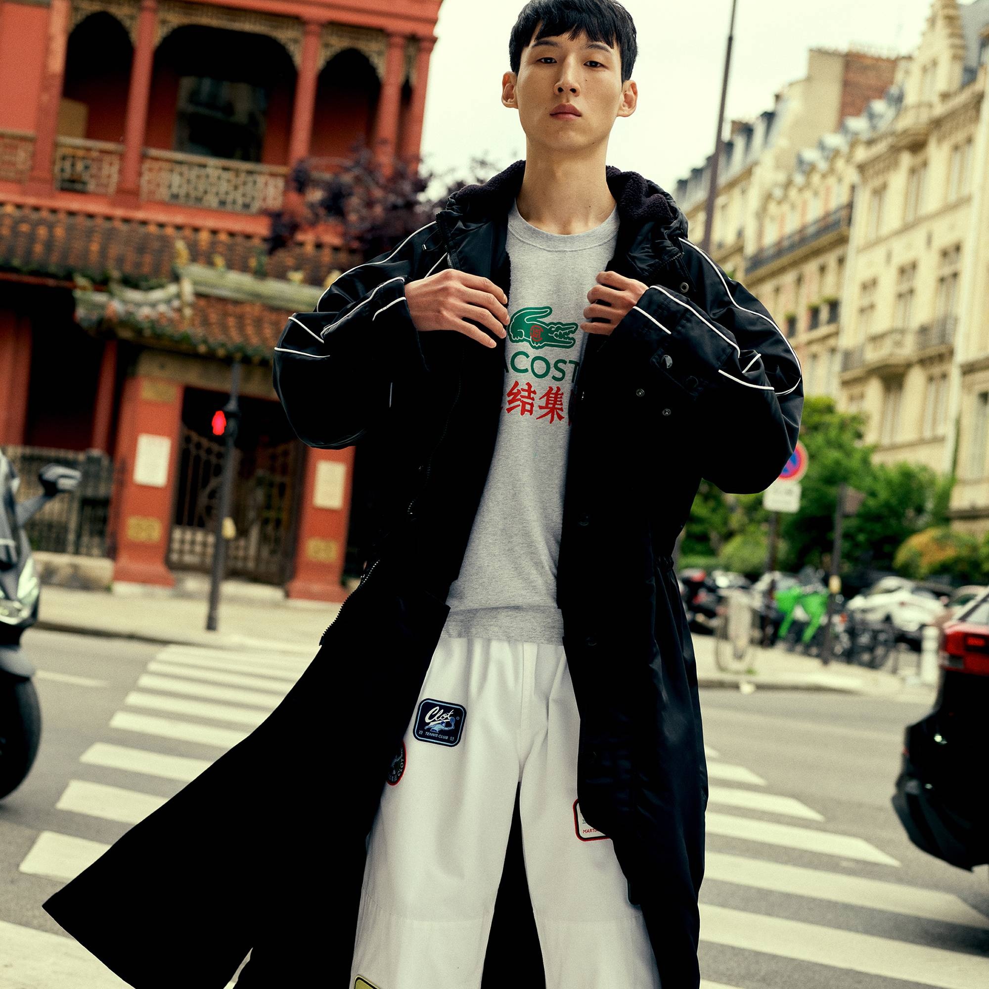 Lacoste X CLOT Unisex Kapüşonlu Çift Taraflı Siyah Yağmurluk