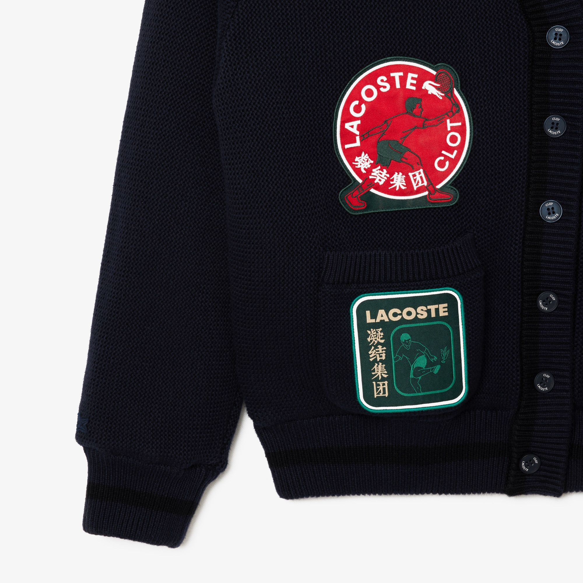 Lacoste X CLOT Unisex Relaxed Fit V Yaka Baskılı Çift Taraflı Lacivert Hırka