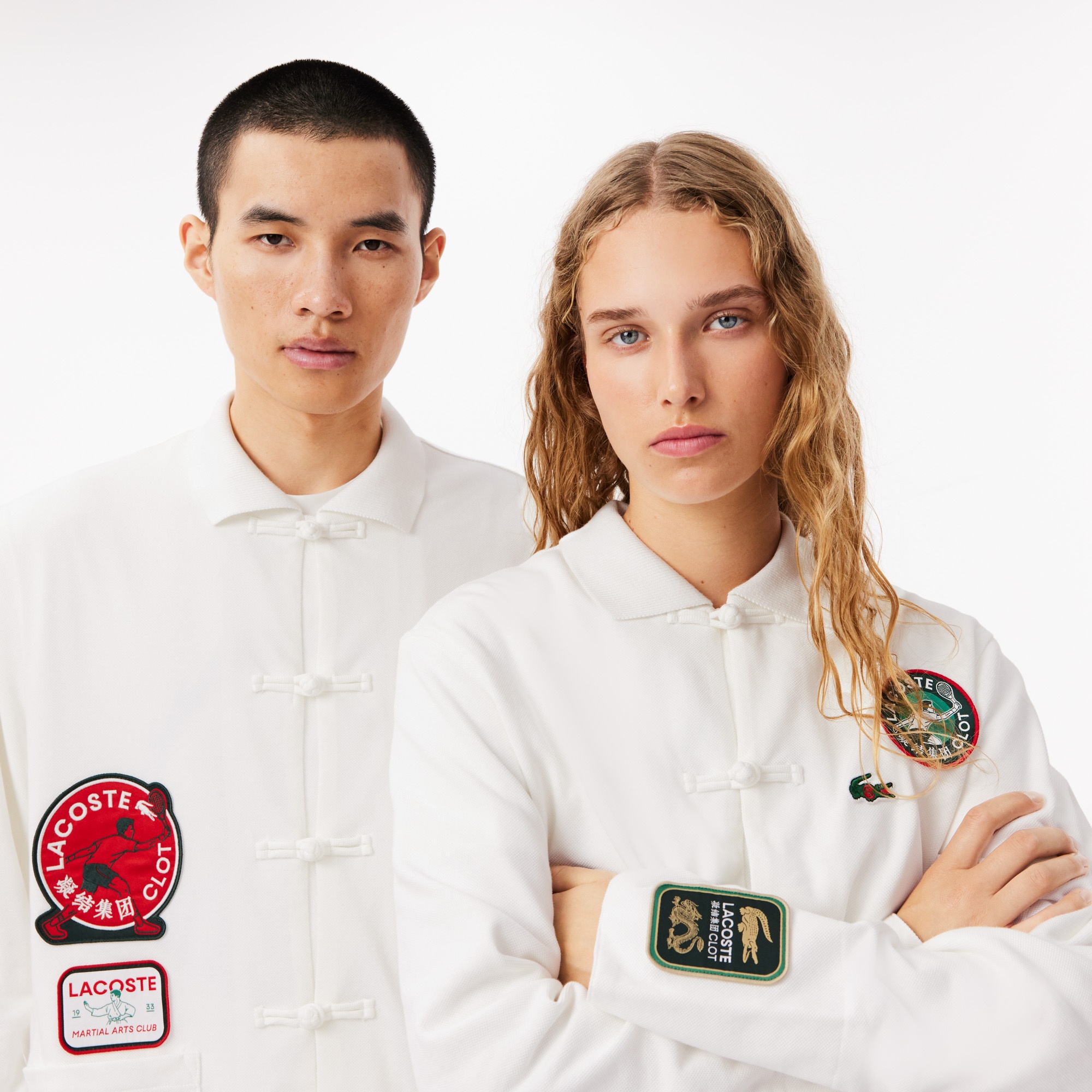 Lacoste X CLOT Unisex Relaxed Fit Düğmeli Yaka Baskılı Beyaz Gömlek