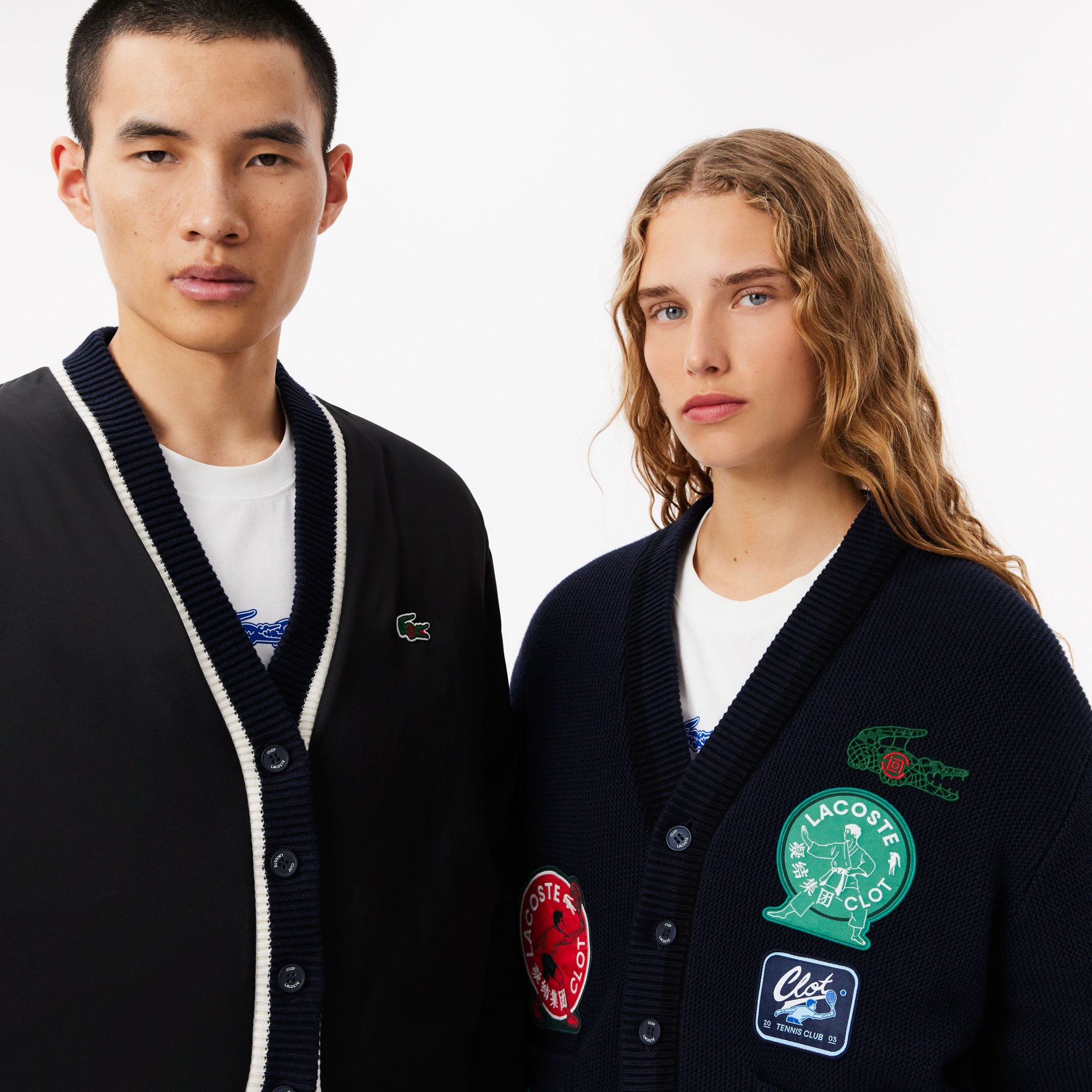 Lacoste X CLOT Unisex Relaxed Fit V Yaka Baskılı Çift Taraflı Lacivert Hırka