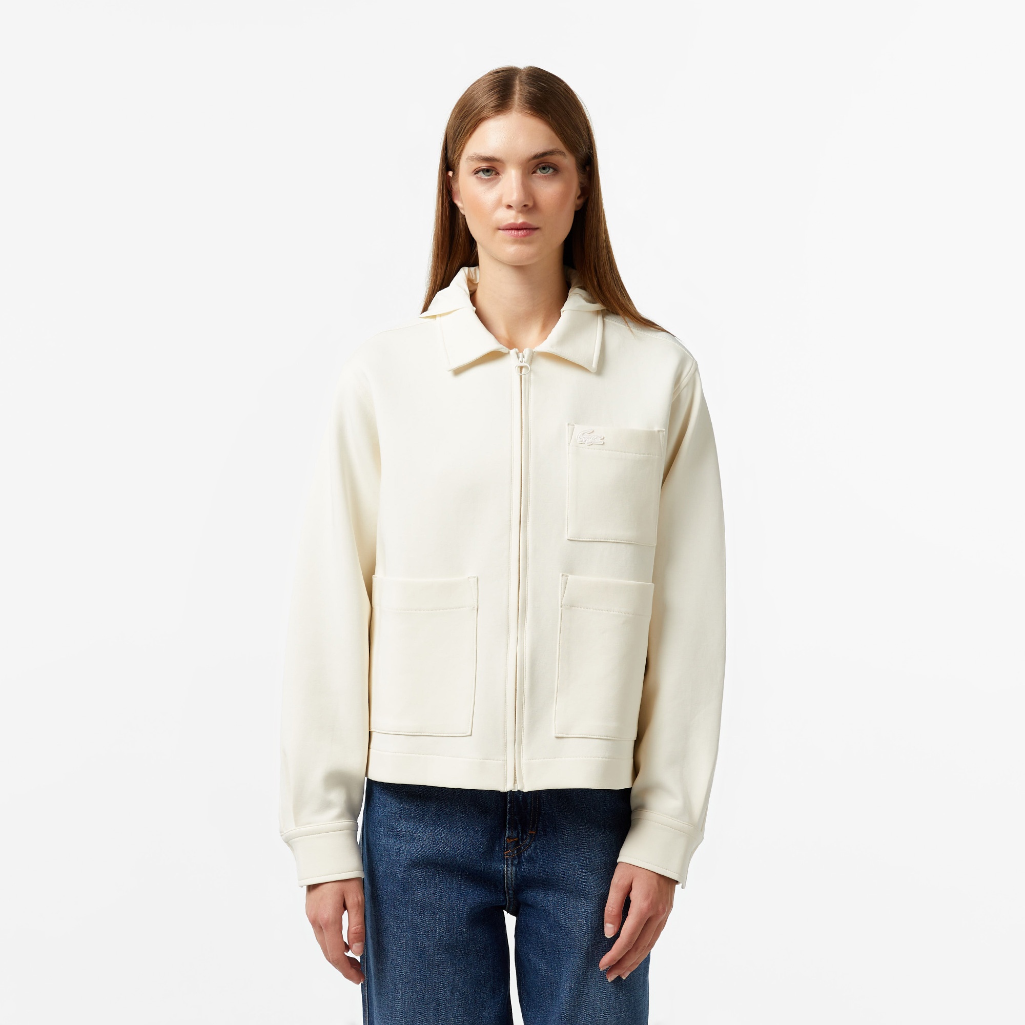 Lacoste Kadın Relaxed Fit Kapüşonlu Beyaz Ceket