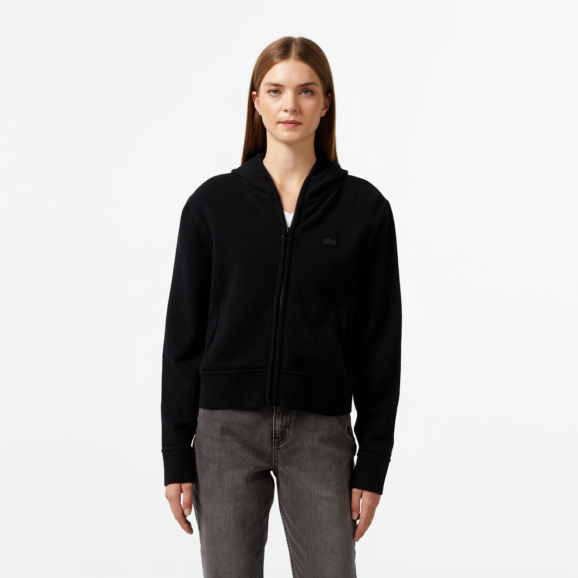 Lacoste Kadın Relaxed Fit Kapüşonlu Siyah Hırka