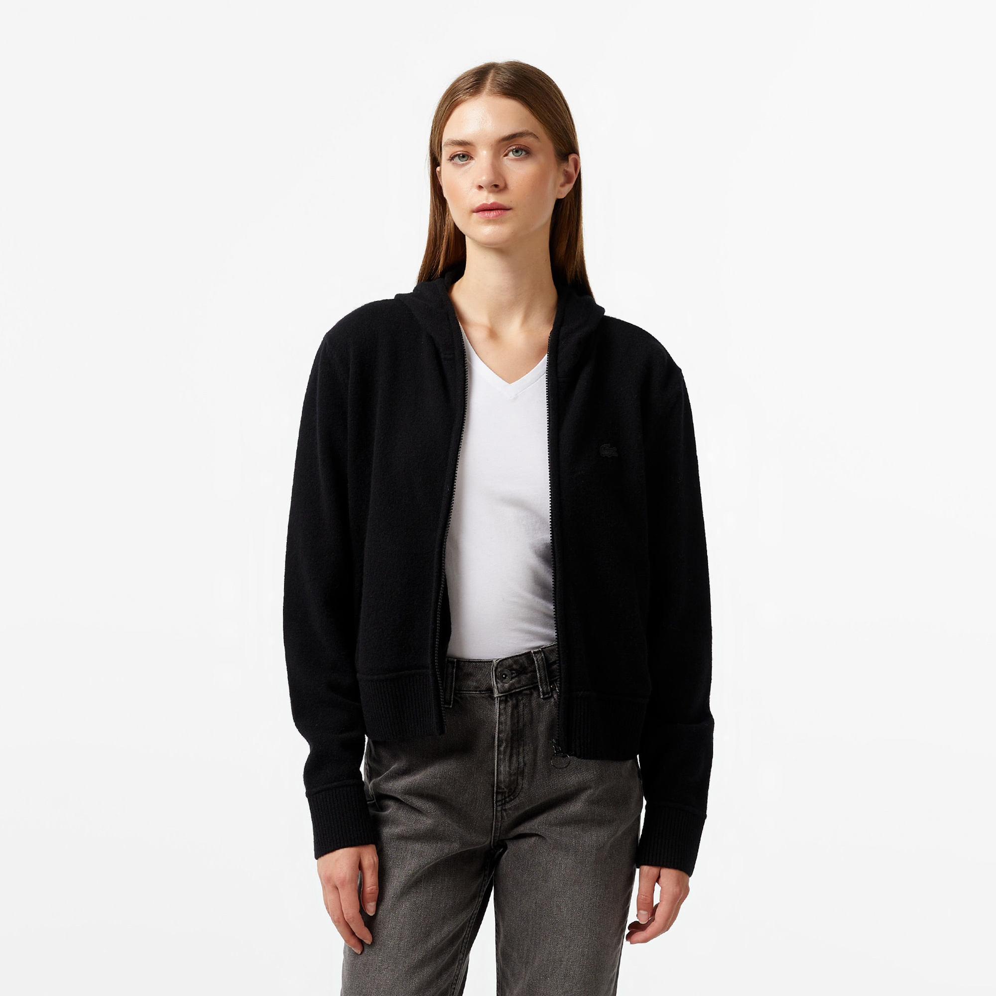 Lacoste Kadın Relaxed Fit Kapüşonlu Siyah Hırka