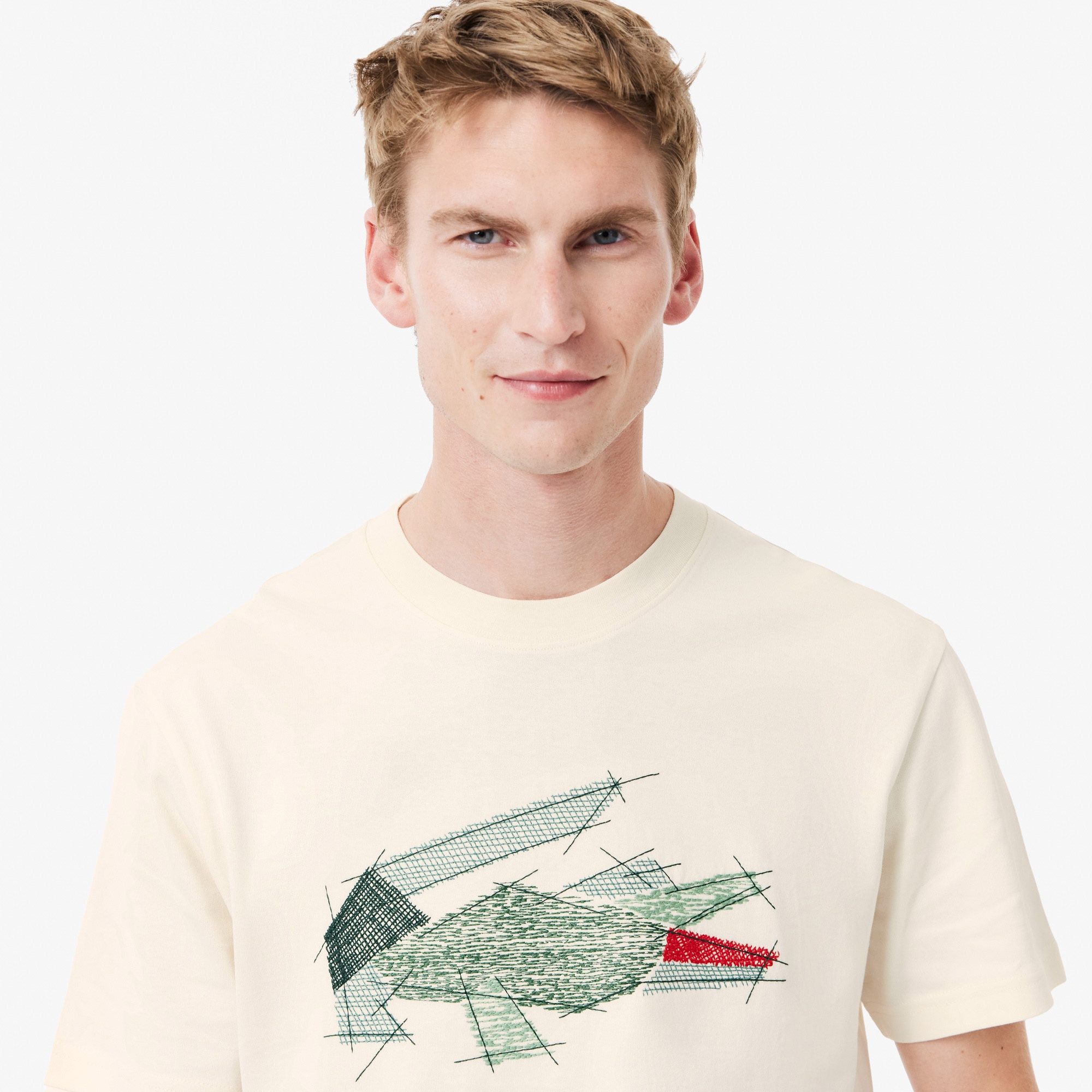 Lacoste Erkek Classic Fit Bisiklet Yaka Baskılı Krem T-Shirt