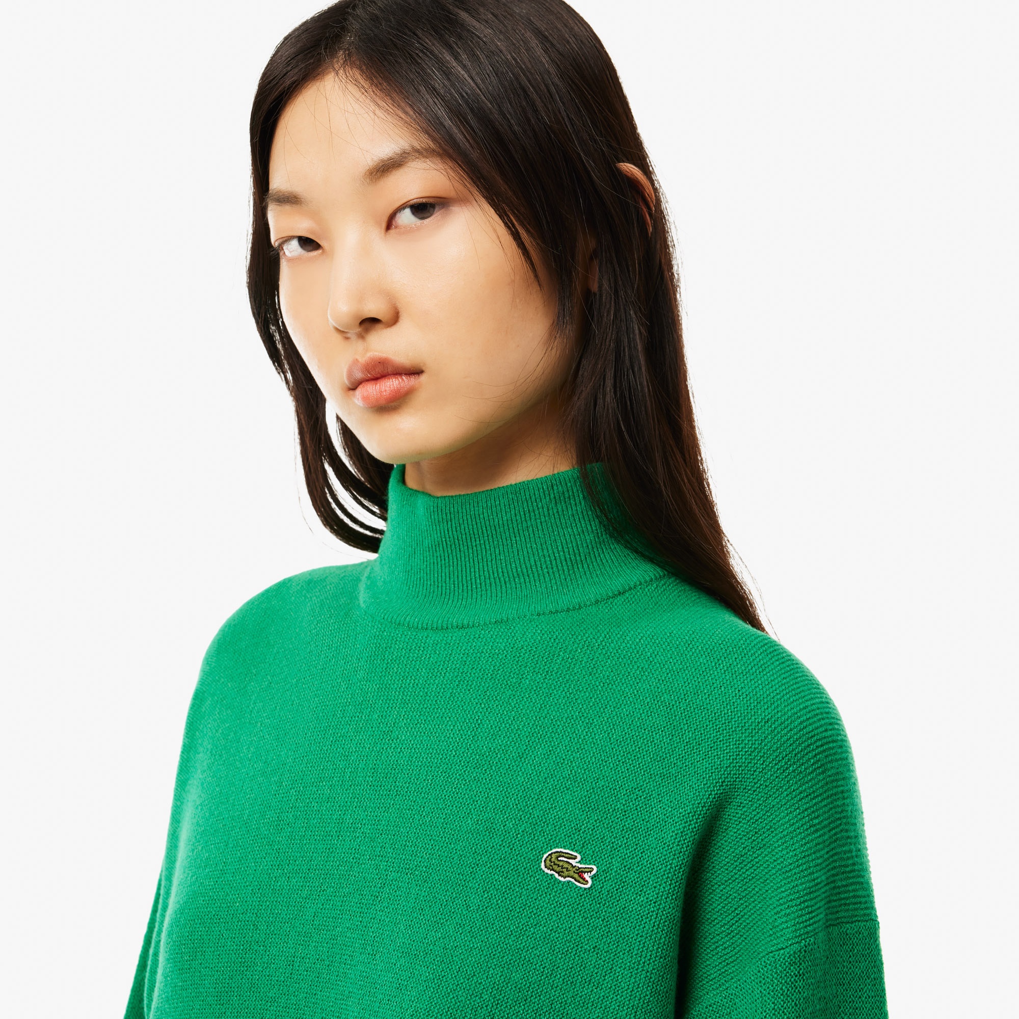 Lacoste Kadın Relaxed Fit Dik Yaka Yün Yeşil Triko