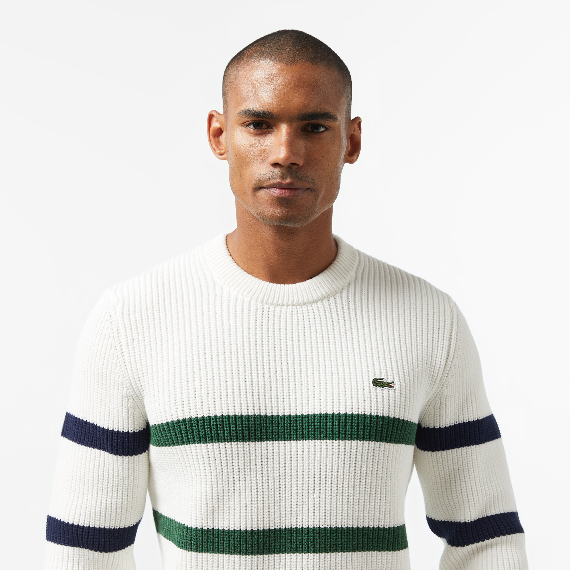 Lacoste Erkek Relaxed Fit Bisiklet Yaka Çizgili Beyaz Kazak