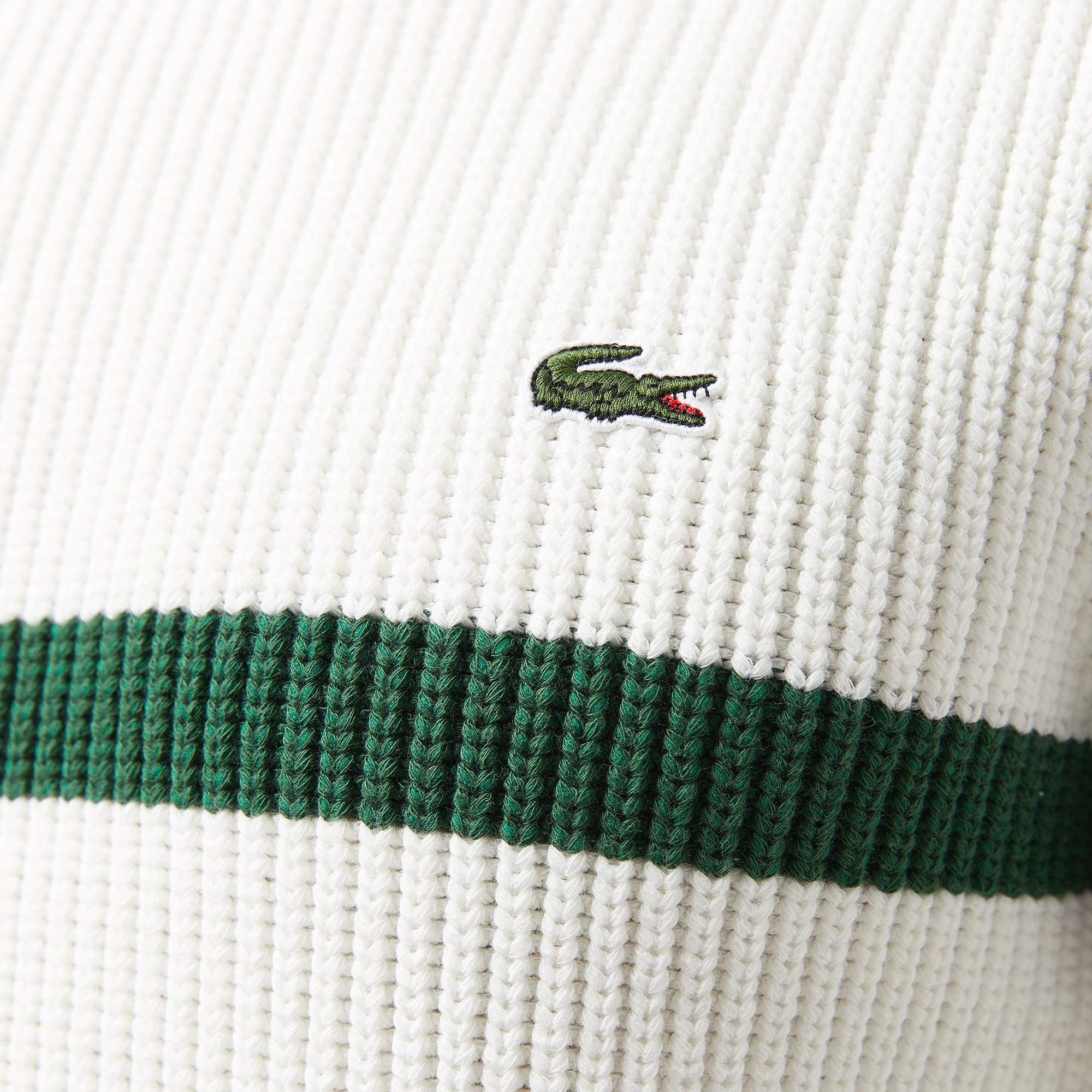 Lacoste Erkek Relaxed Fit Bisiklet Yaka Çizgili Beyaz Kazak